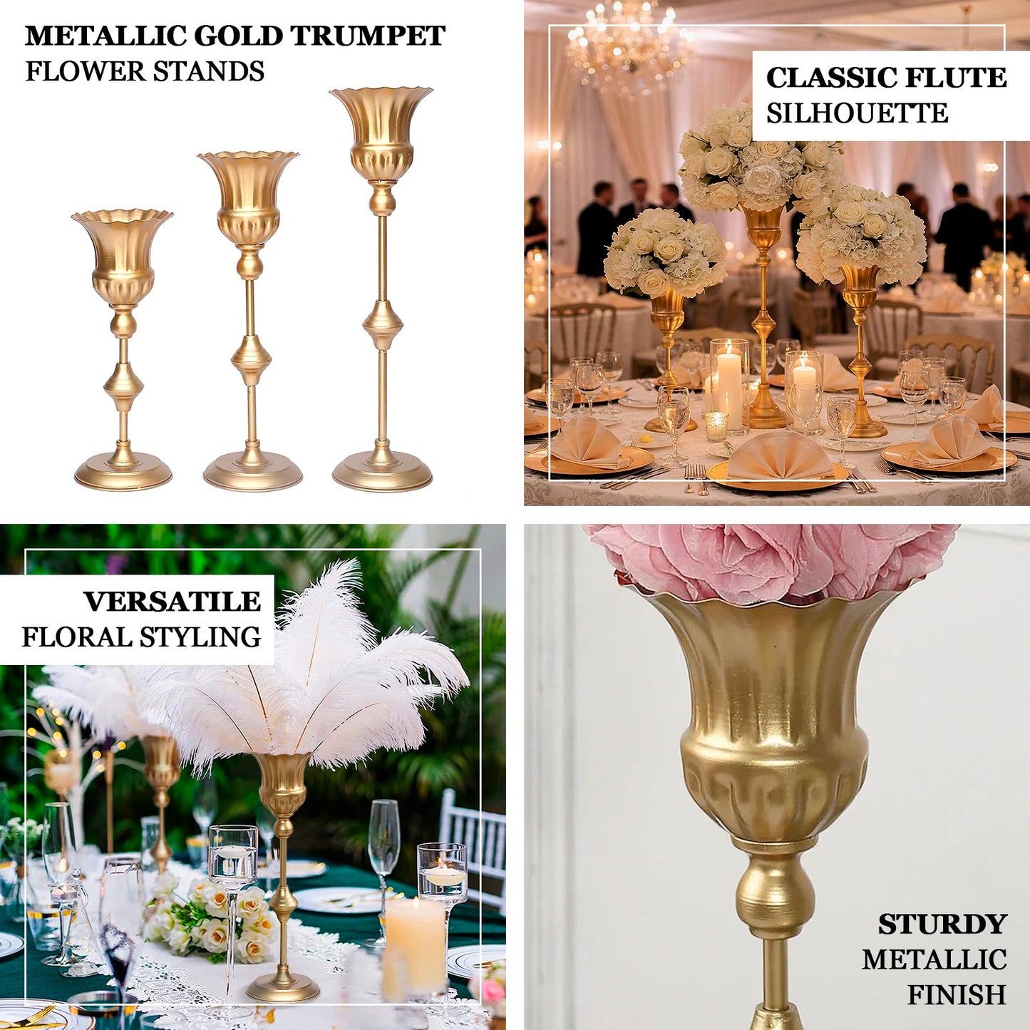 Metallic gold vintage style flute table vases set of 3 for elegant floral displays.