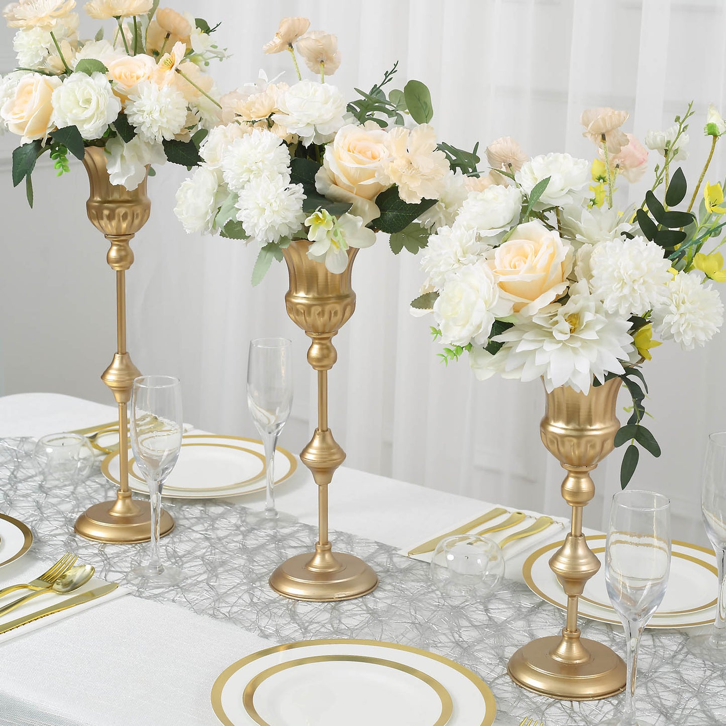 Set of 3 | Metallic Gold Vintage Style Flute Table Vases, Trumpet Flower Centerpiece Stands - 13",16",19"