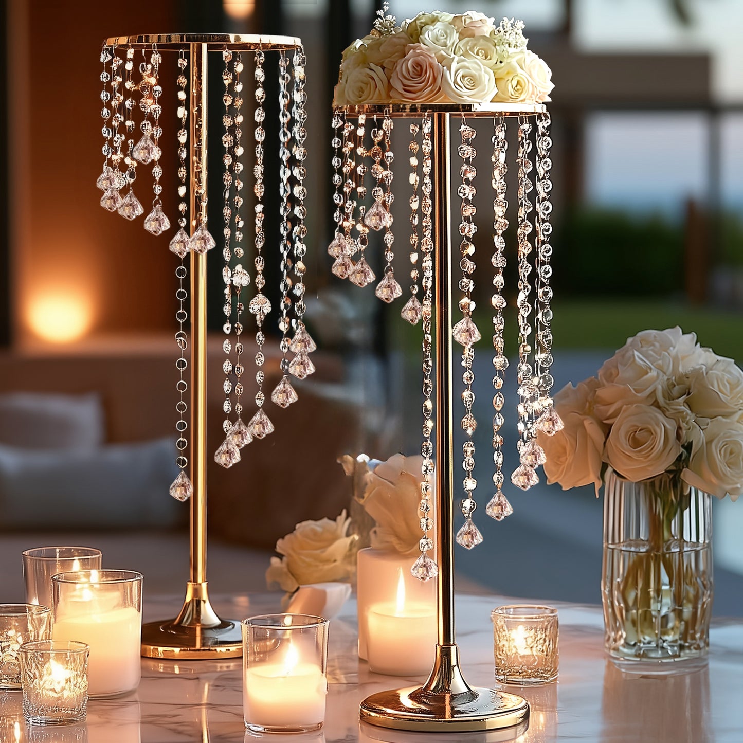 2 Pack 24" Gold Metal Flower Stand Wedding Centerpiece with Acrylic Beaded Chains, Crystal Flower Pedestal Table Centerpiece