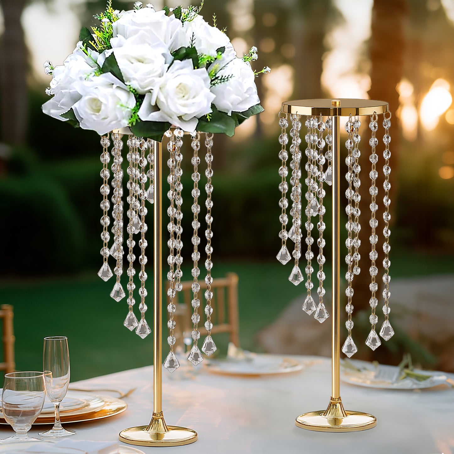 2 Pack 24" Gold Metal Flower Stand Wedding Centerpiece with Acrylic Beaded Chains, Crystal Flower Pedestal Table Centerpiece