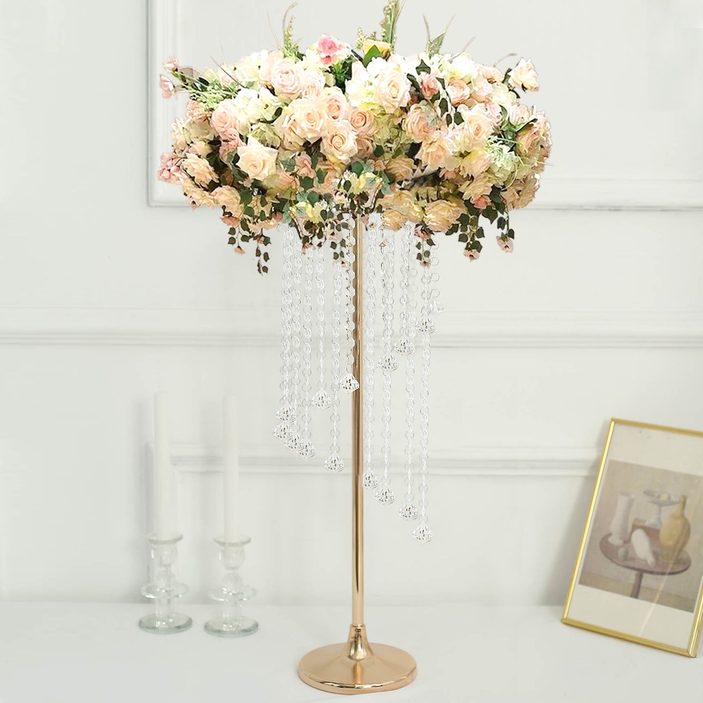 2 Pack 24" Gold Metal Flower Stand Wedding Centerpiece with Acrylic Beaded Chains, Crystal Flower Pedestal Table Centerpiece