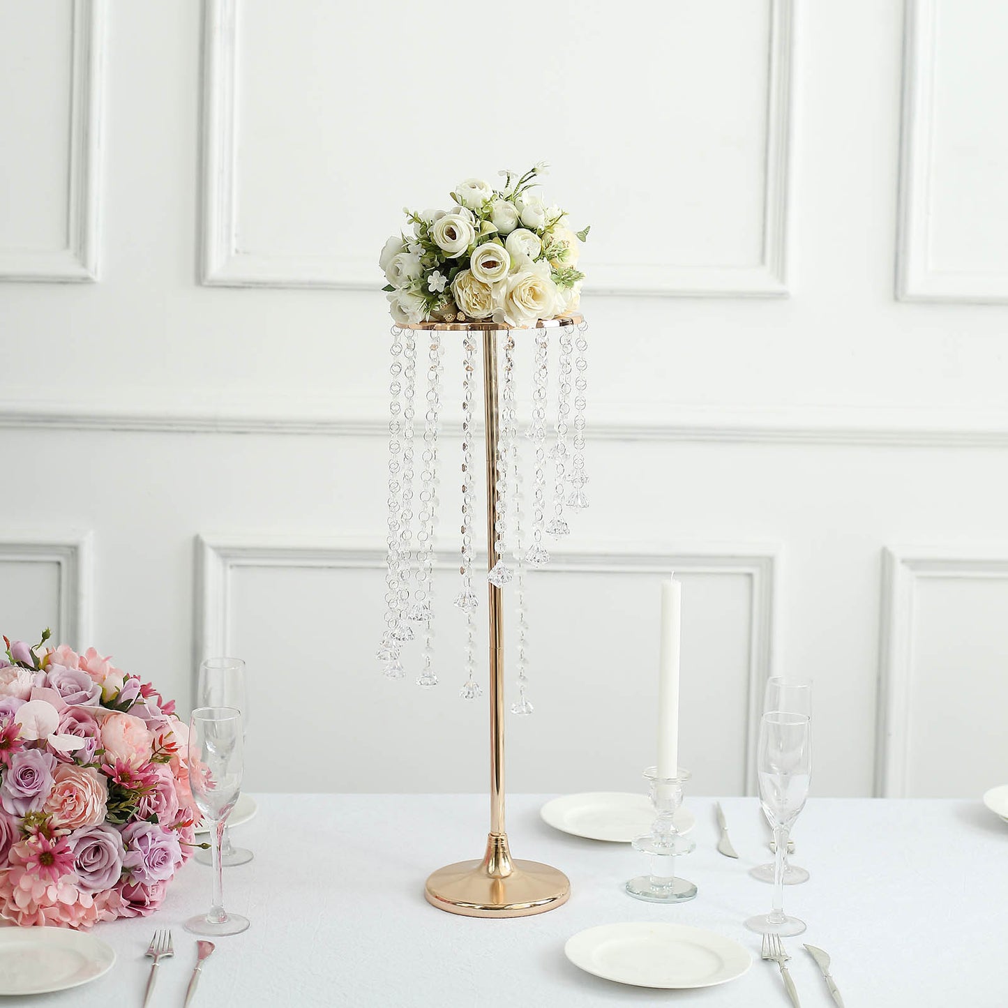 2 Pack 24" Gold Metal Flower Stand Wedding Centerpiece with Acrylic Beaded Chains, Crystal Flower Pedestal Table Centerpiece