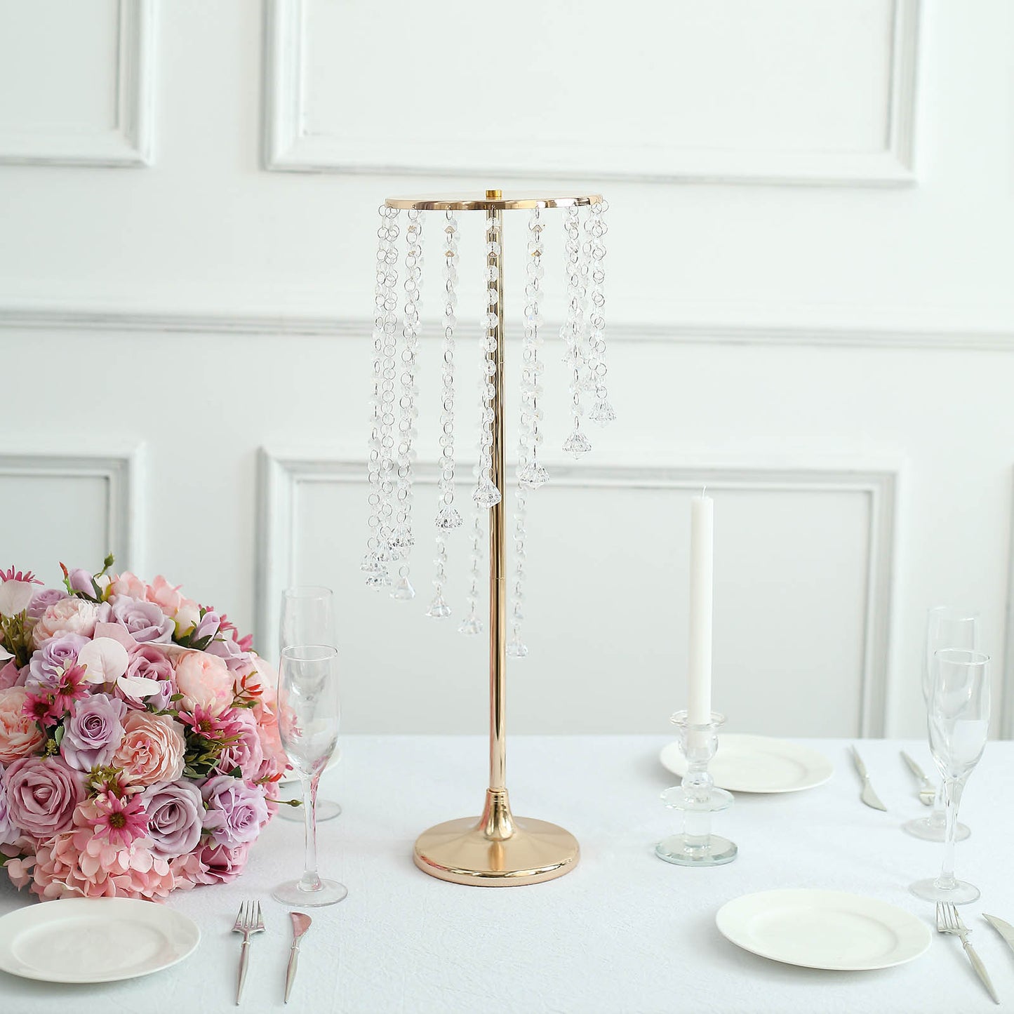 2 Pack 24" Gold Metal Flower Stand Wedding Centerpiece with Acrylic Beaded Chains, Crystal Flower Pedestal Table Centerpiece