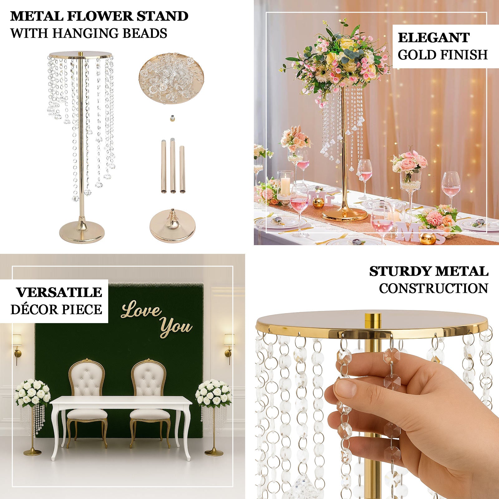 2-Pack Metal Flower Stand Gold with Spiral Hanging Beads - Crystal Pedestal Table Wedding Centerpiece 24"