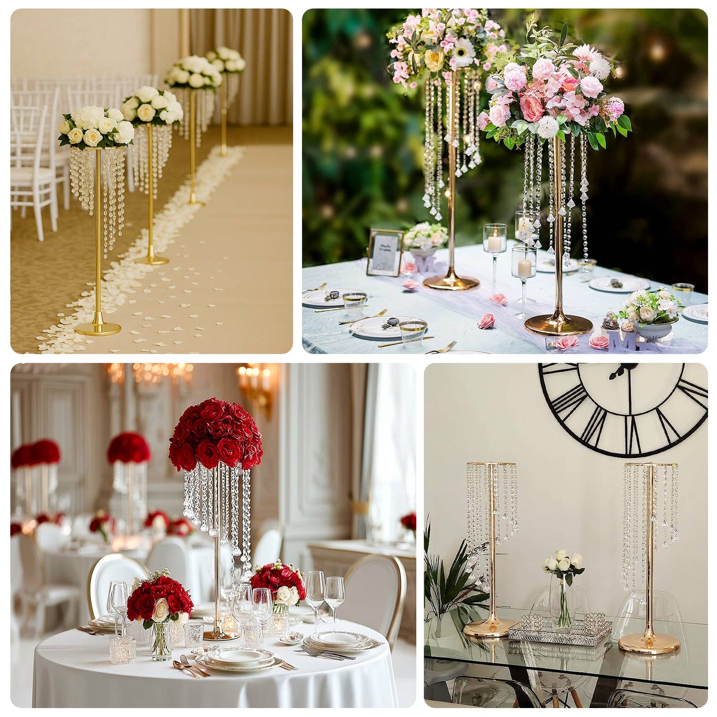 2-Pack Metal Flower Stand Gold with Spiral Hanging Beads - Crystal Pedestal Table Wedding Centerpiece 24"