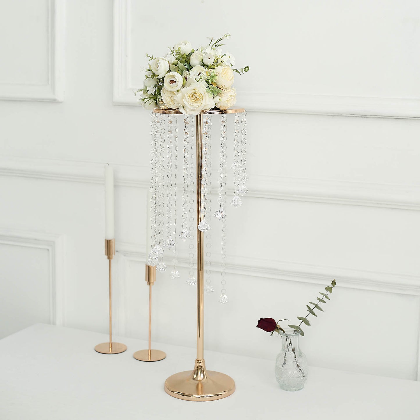 2 Pack 24" Gold Metal Flower Stand Wedding Centerpiece with Acrylic Beaded Chains, Crystal Flower Pedestal Table Centerpiece
