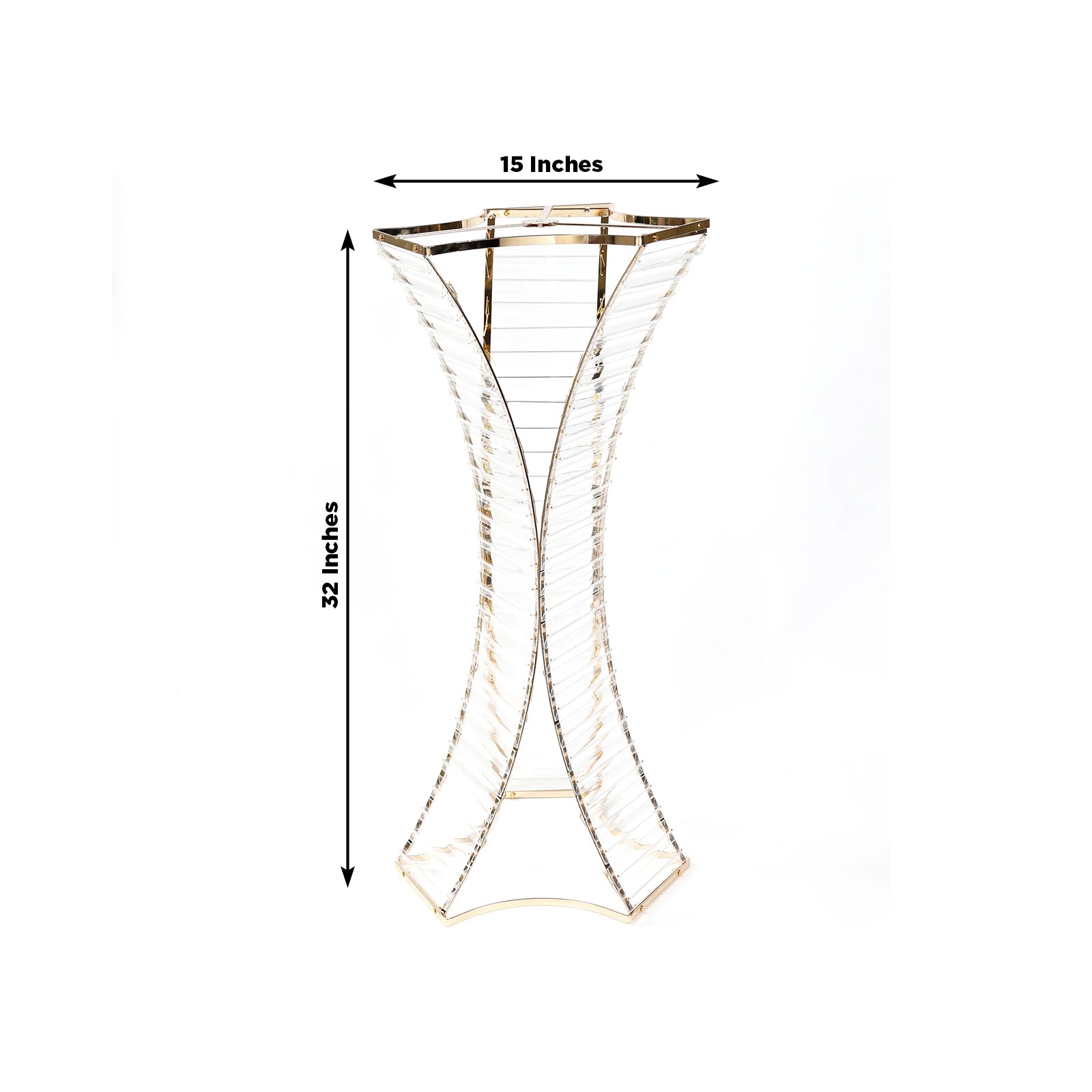 Gold crystal pendant flower stand with hourglass design for floral arrangements.