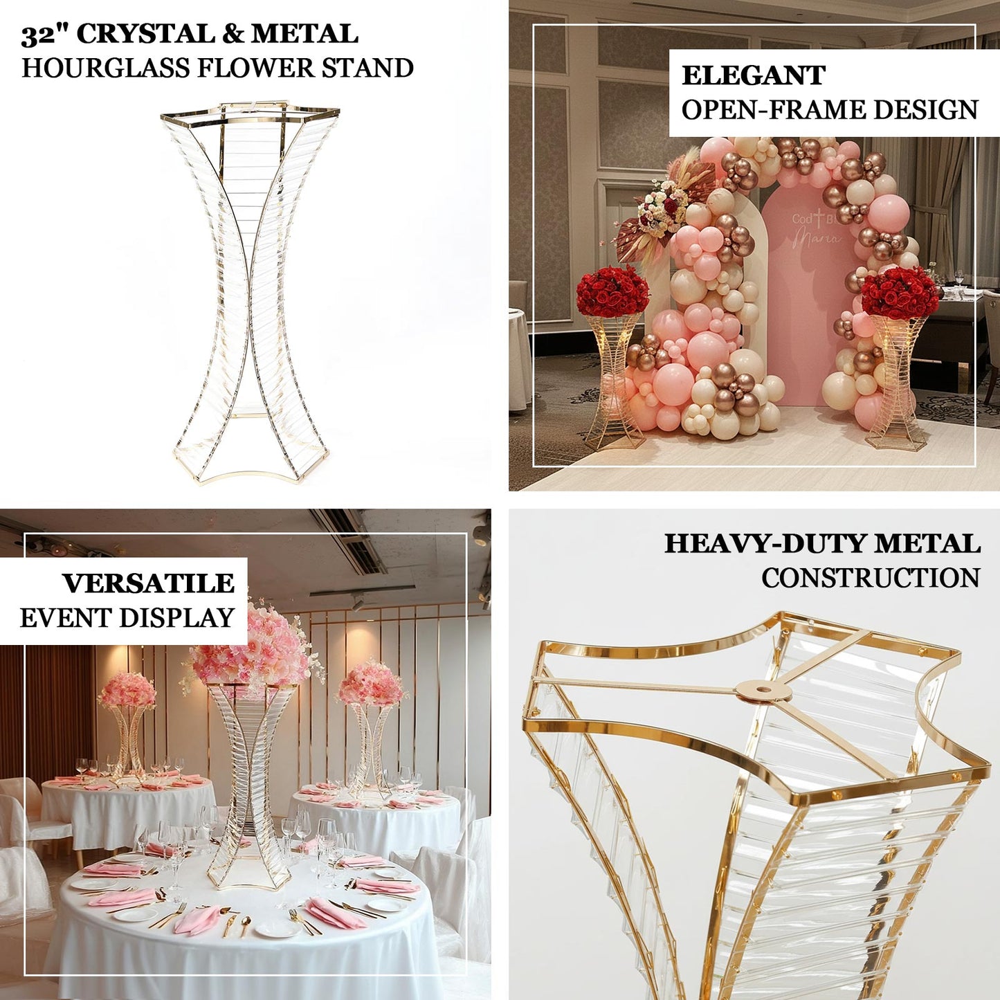 32" crystal pendant flower stand with gold metal frame for elegant table centerpieces.