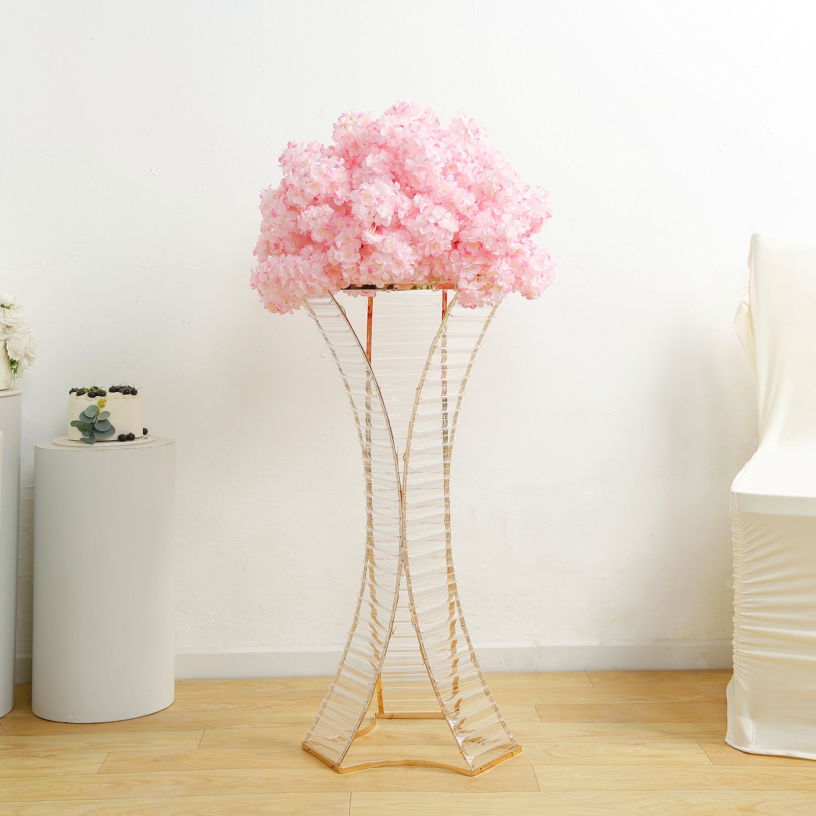 Pink crystal flower stand with gold metal frame for table centerpieces.