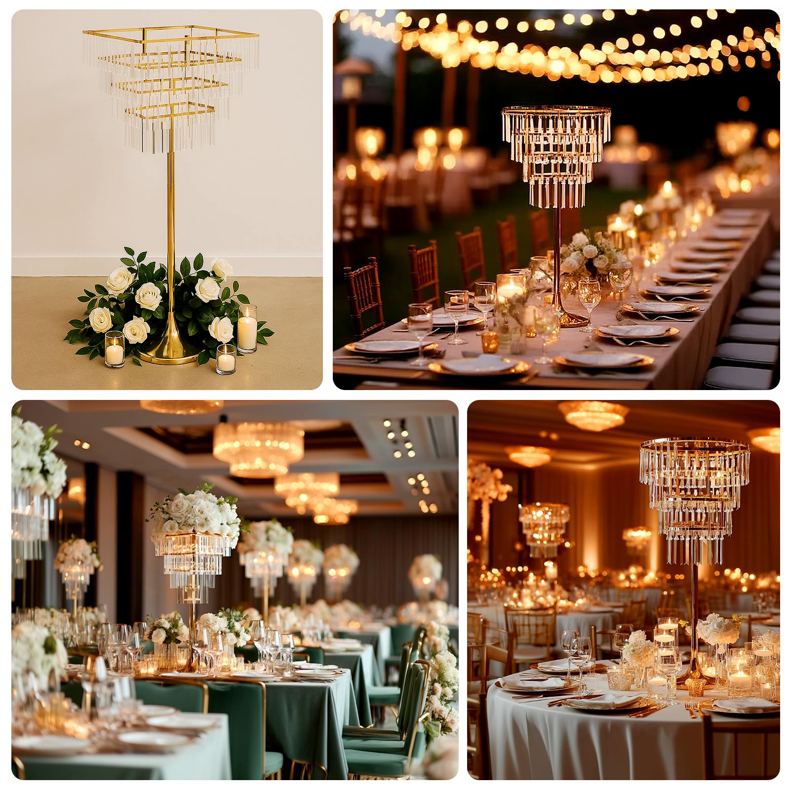 38" Crystal Pendant 4-Tier Table Centerpiece Chandelier – Gold Metal Vase Stand with Round Frame & Base, Hanging Crystals