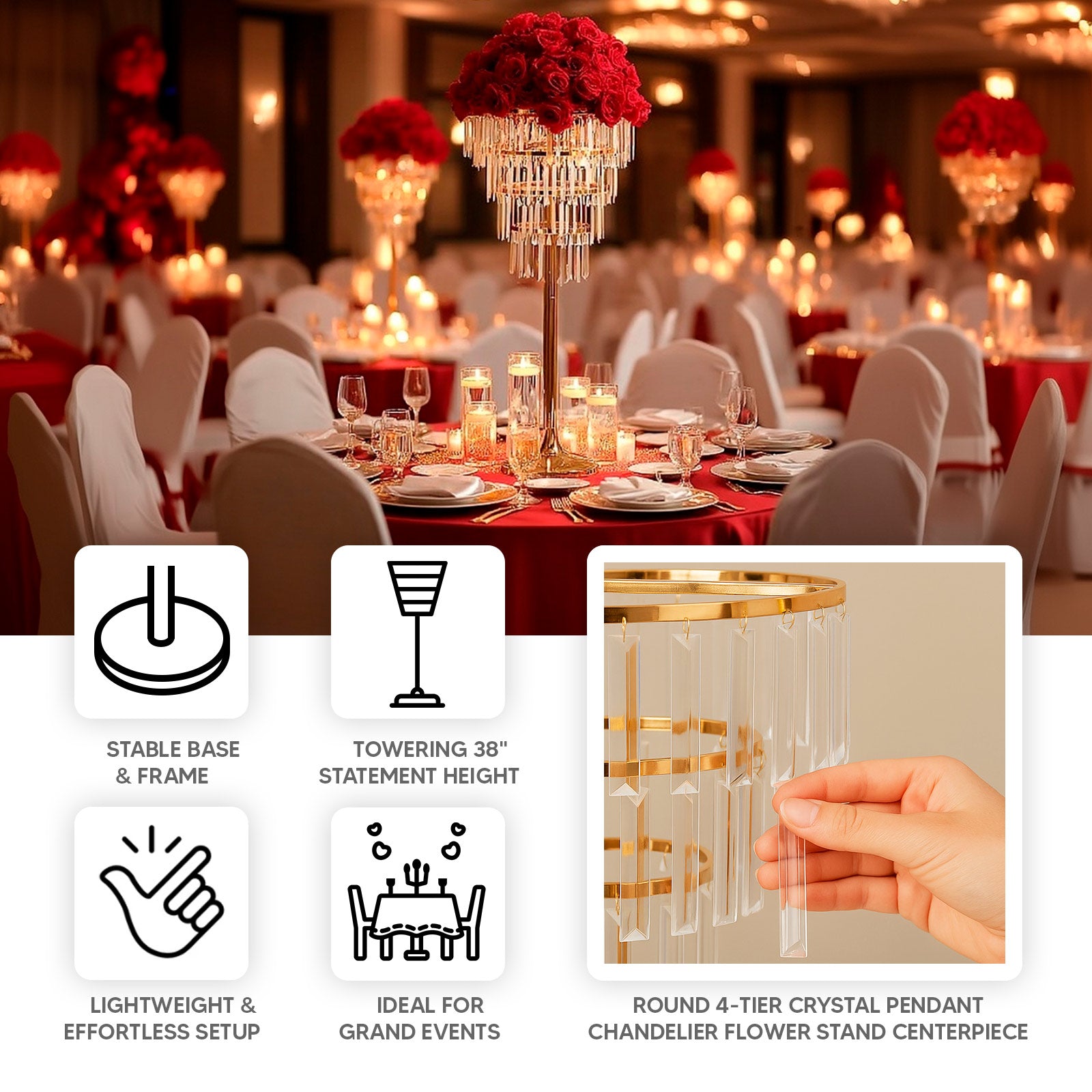 38" Crystal Pendant 4-Tier Table Centerpiece Chandelier – Gold Metal Vase Stand with Round Frame & Base, Hanging Crystals