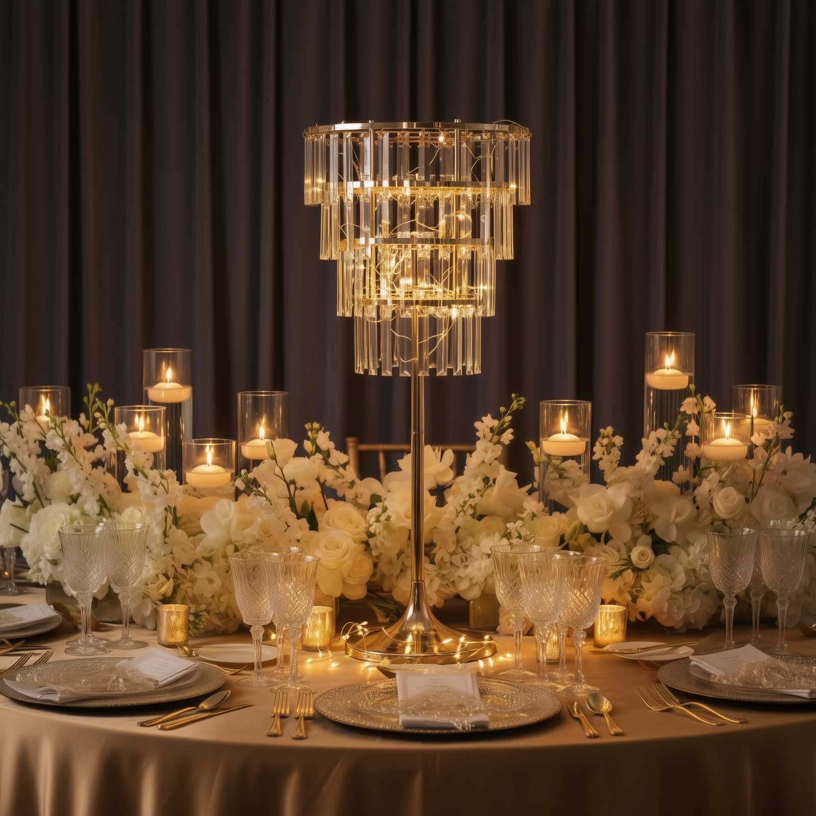 Gold crystal pendant chandelier centerpiece with a shimmering design.