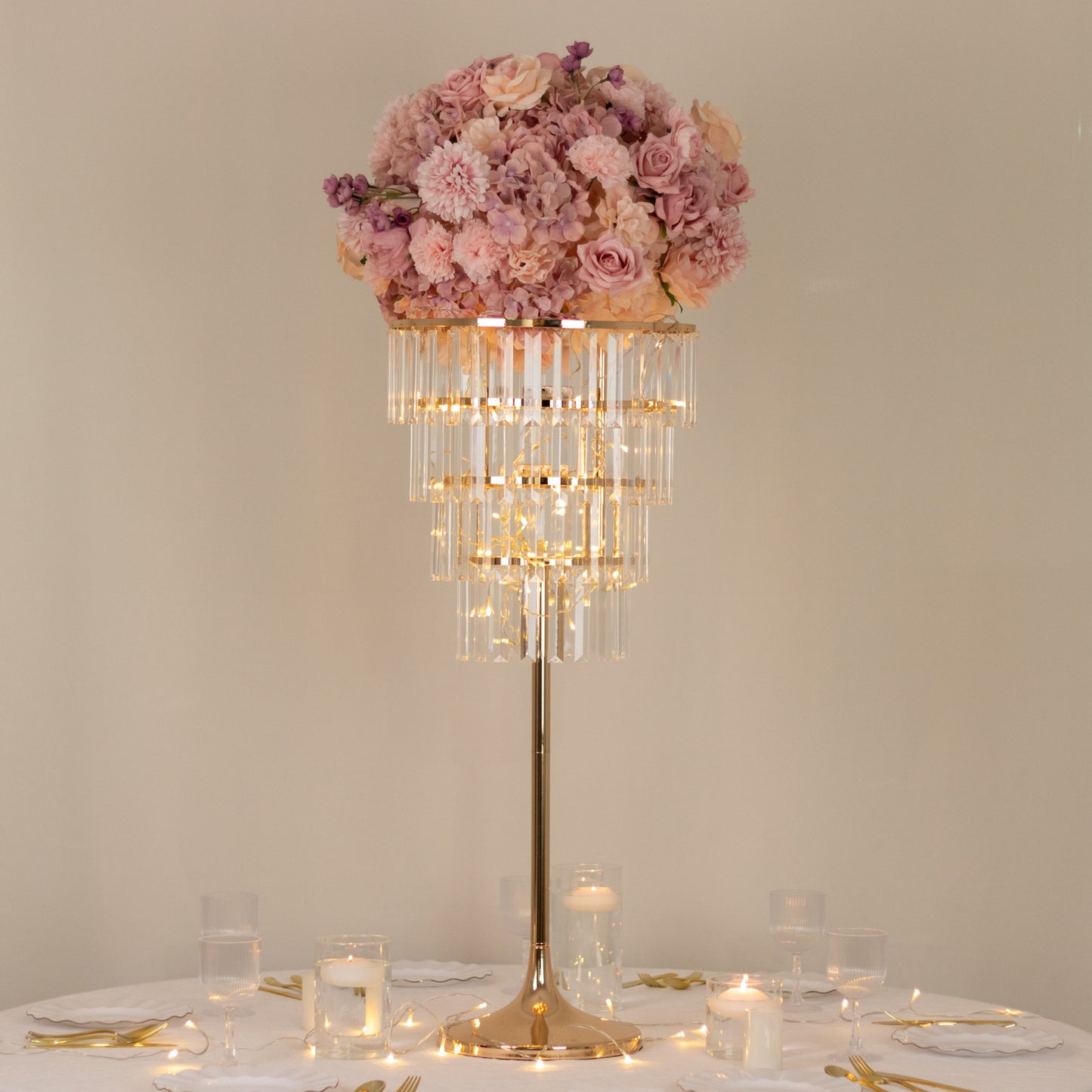 38" Crystal Pendant 4-Tier Table Centerpiece Chandelier – Gold Metal Vase Stand with Round Frame & Base, Hanging Crystals