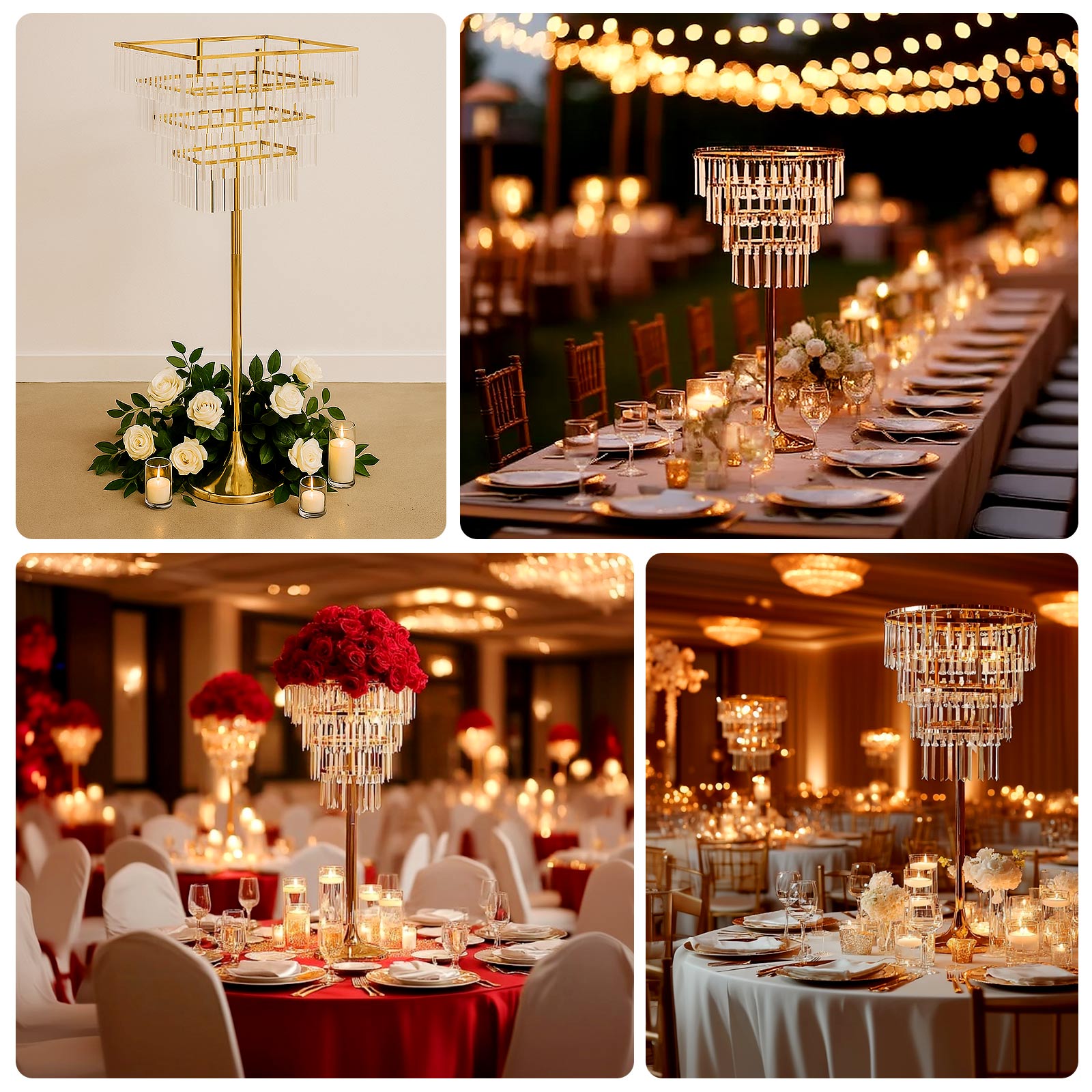 38" Crystal Pendant 4-Tier Table Centerpiece Chandelier – Gold Metal Vase Stand with Square Frame, Round Base & Hanging Crystals