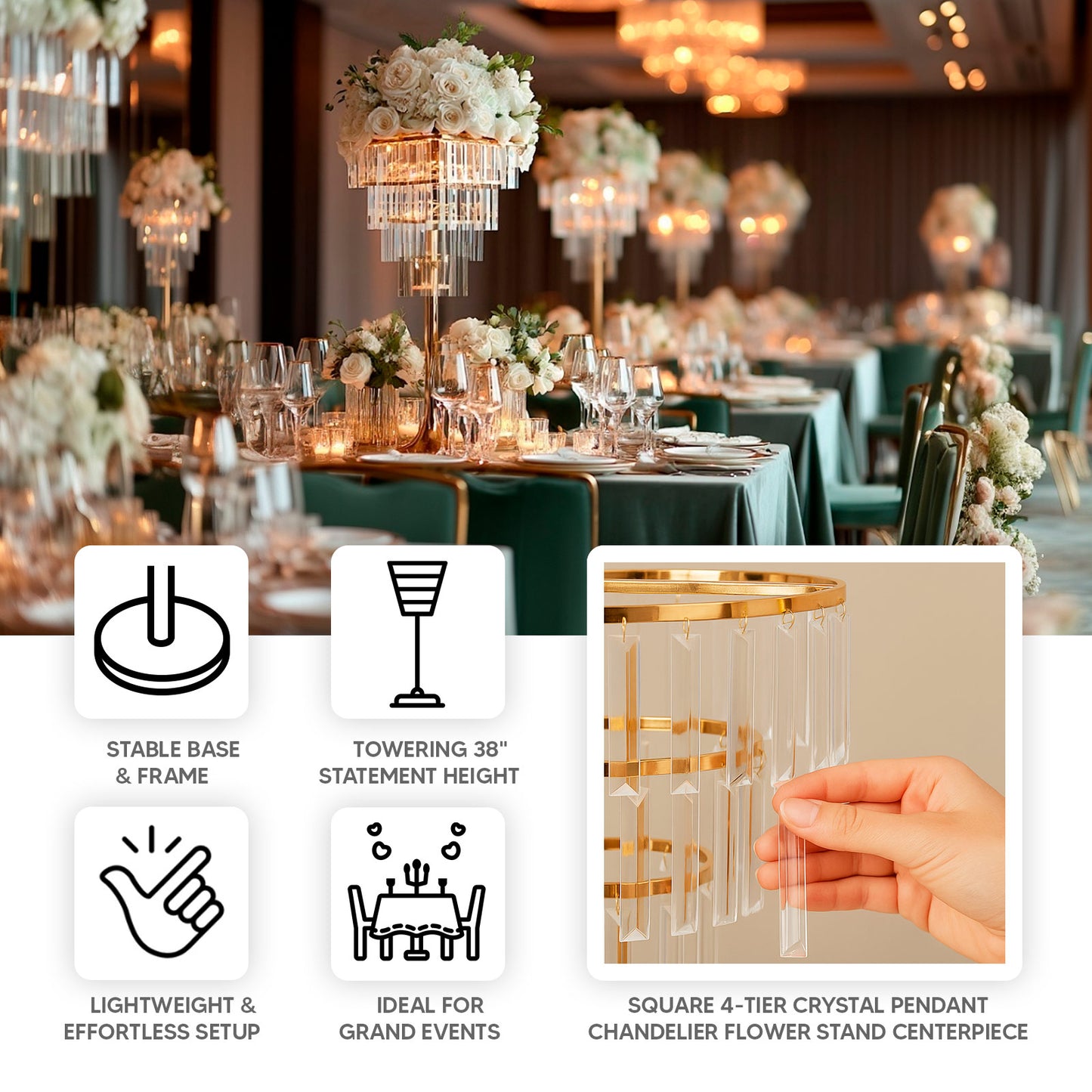 38" Crystal Pendant 4-Tier Table Centerpiece Chandelier – Gold Metal Vase Stand with Square Frame, Round Base & Hanging Crystals