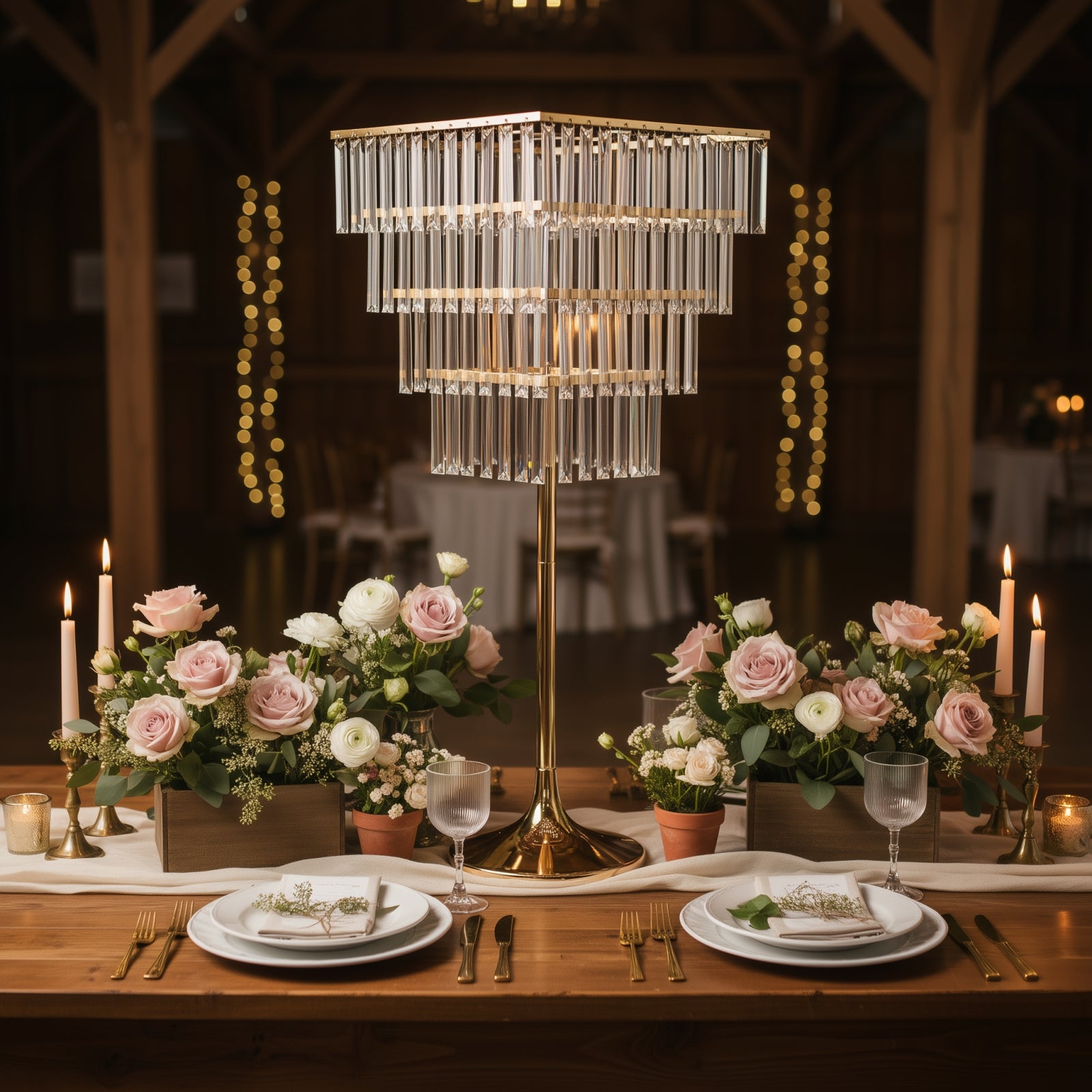 Gold crystal chandelier centerpiece with hanging crystals and floral arrangements.