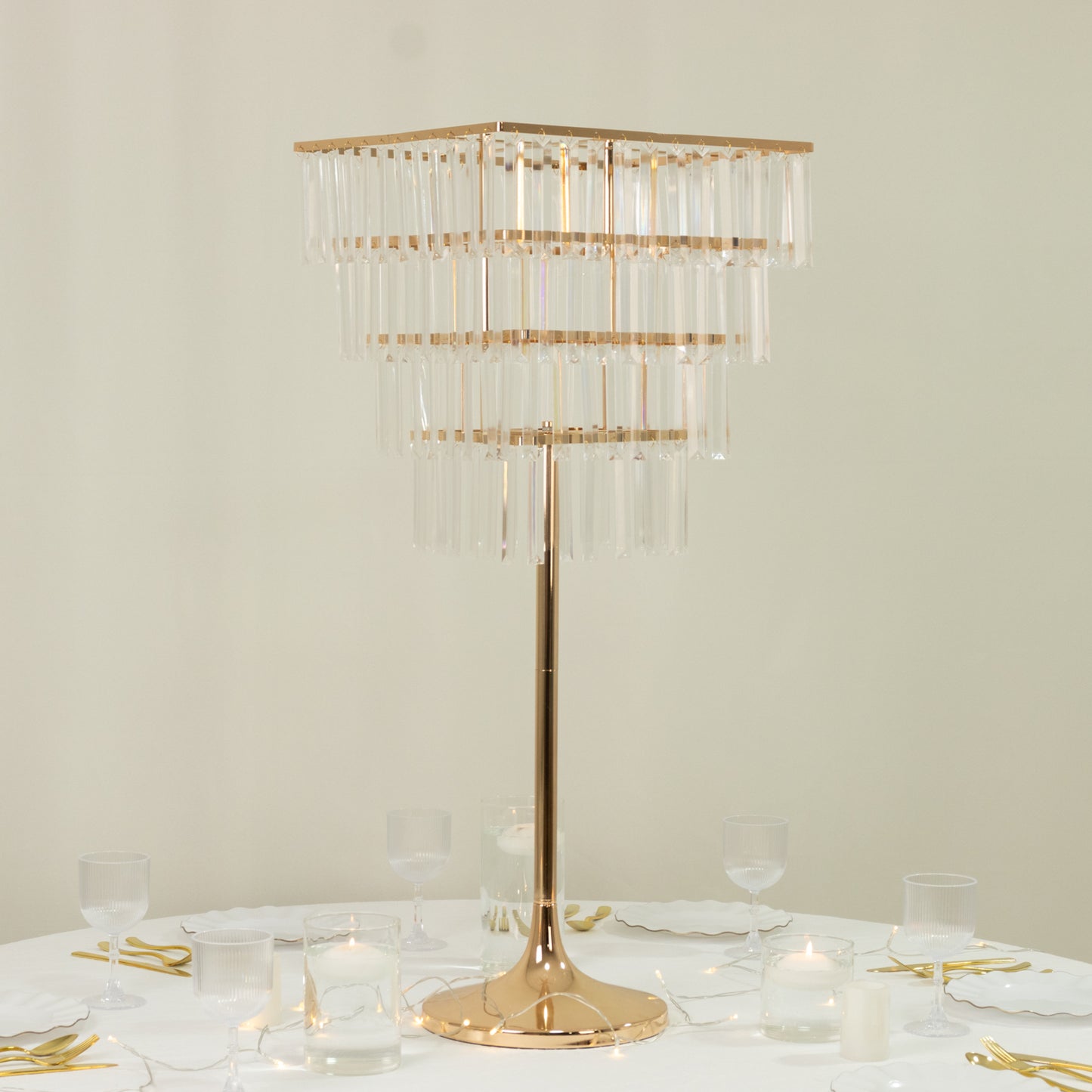 38" Crystal Pendant 4-Tier Table Centerpiece Chandelier – Gold Metal Vase Stand with Square Frame, Round Base & Hanging Crystals