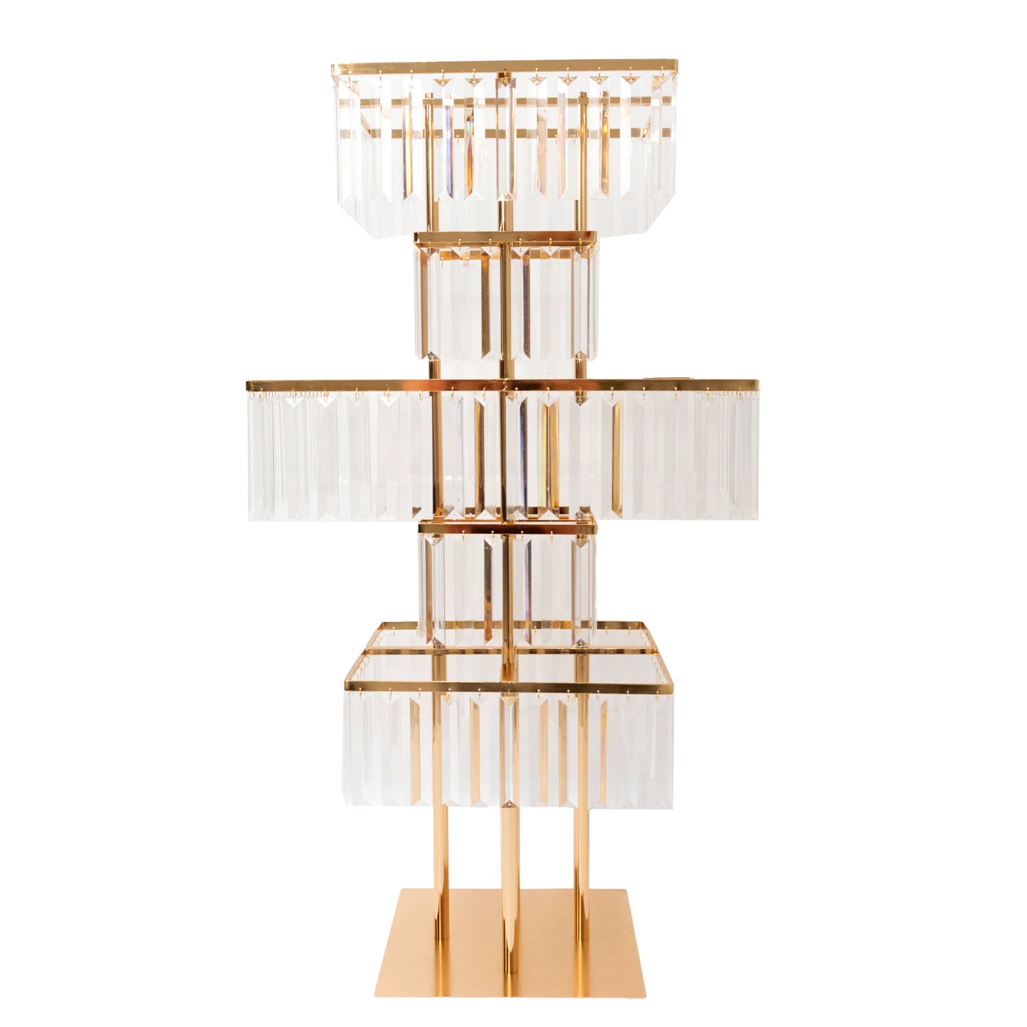 Gold crystal pendant table centerpiece with five-tier design and hanging crystals.