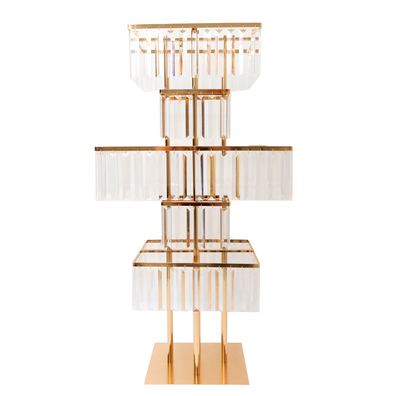 Gold crystal pendant table centerpiece with five-tier design and hanging crystals.