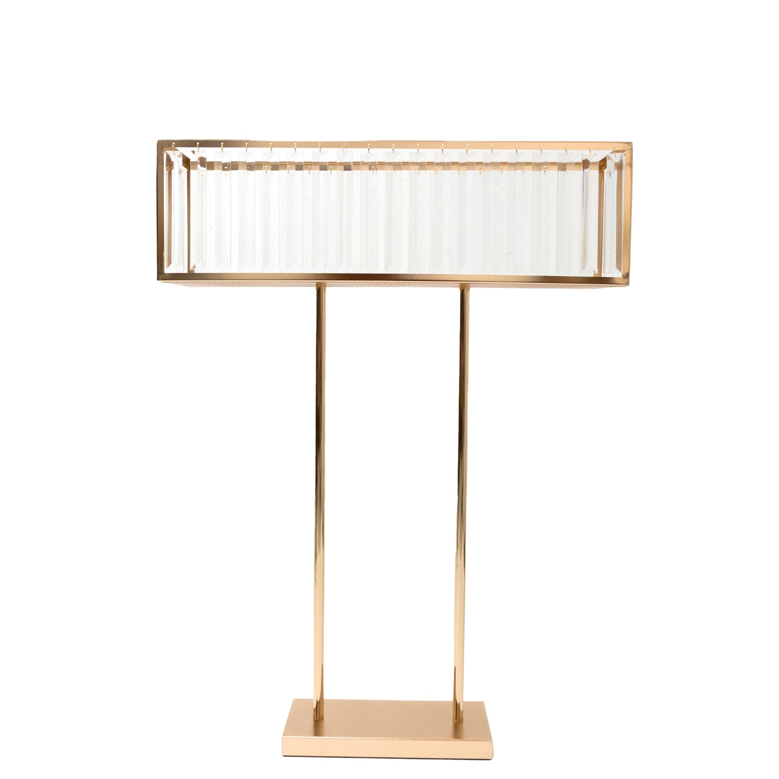 Gold crystal pendant flower stand, metal centerpiece vase, 32" tall rectangular display rack.