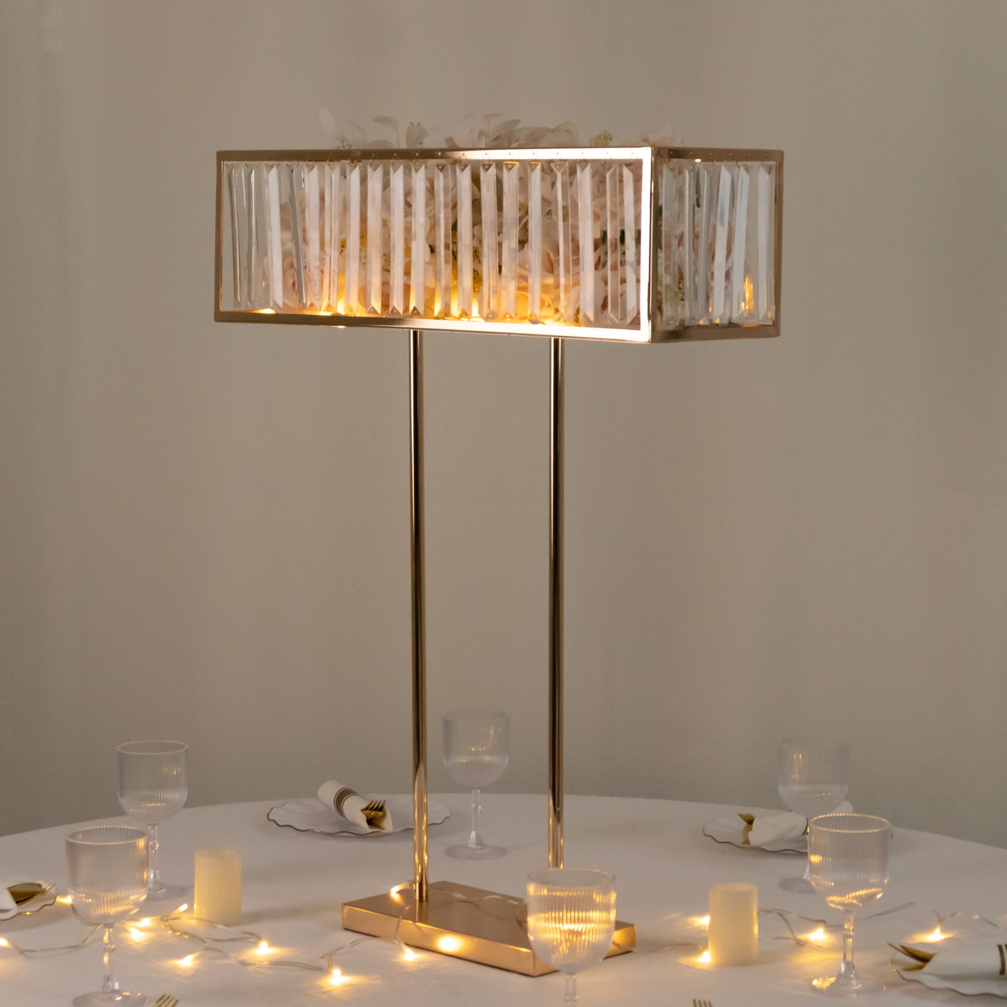 Gold crystal pendant flower stand centerpiece vase, 32" tall rectangular design.