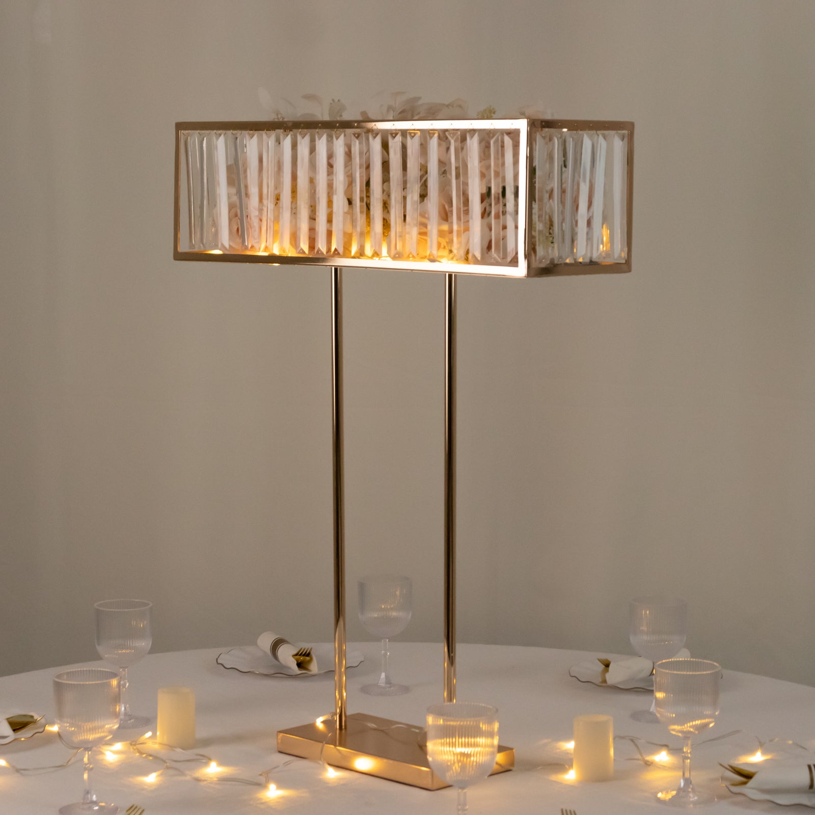 Gold crystal pendant flower stand centerpiece vase, 32" tall rectangular design.