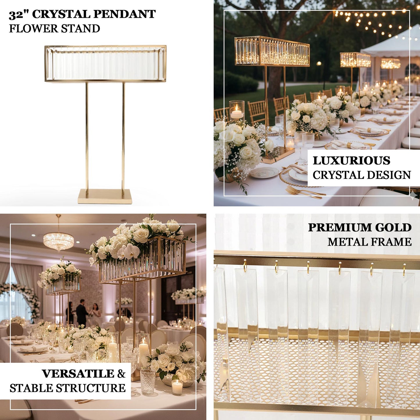 Gold crystal pendant flower stand, 32" tall rectangular display rack.