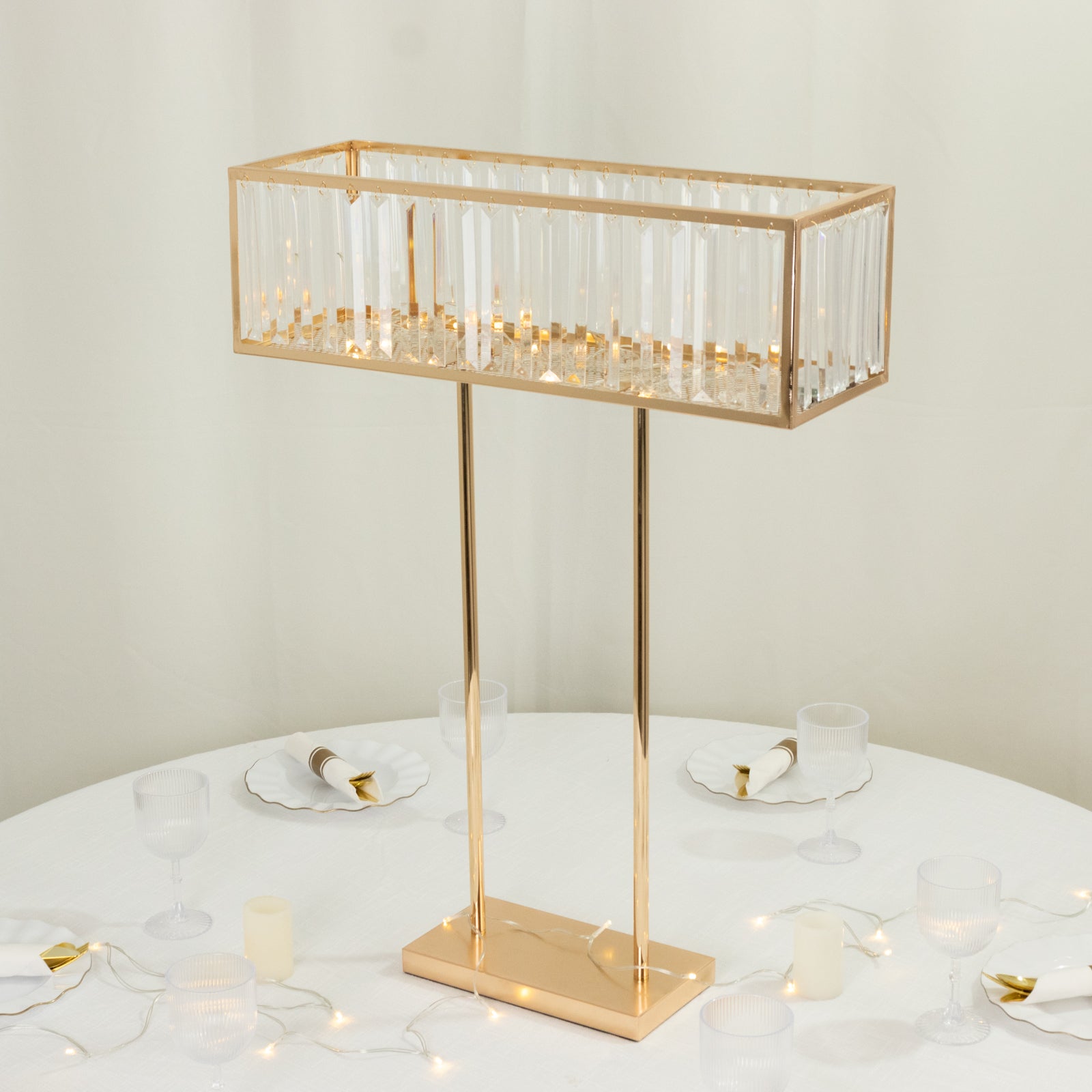Gold crystal flower stand centerpiece vase, 32" tall rectangular display rack.