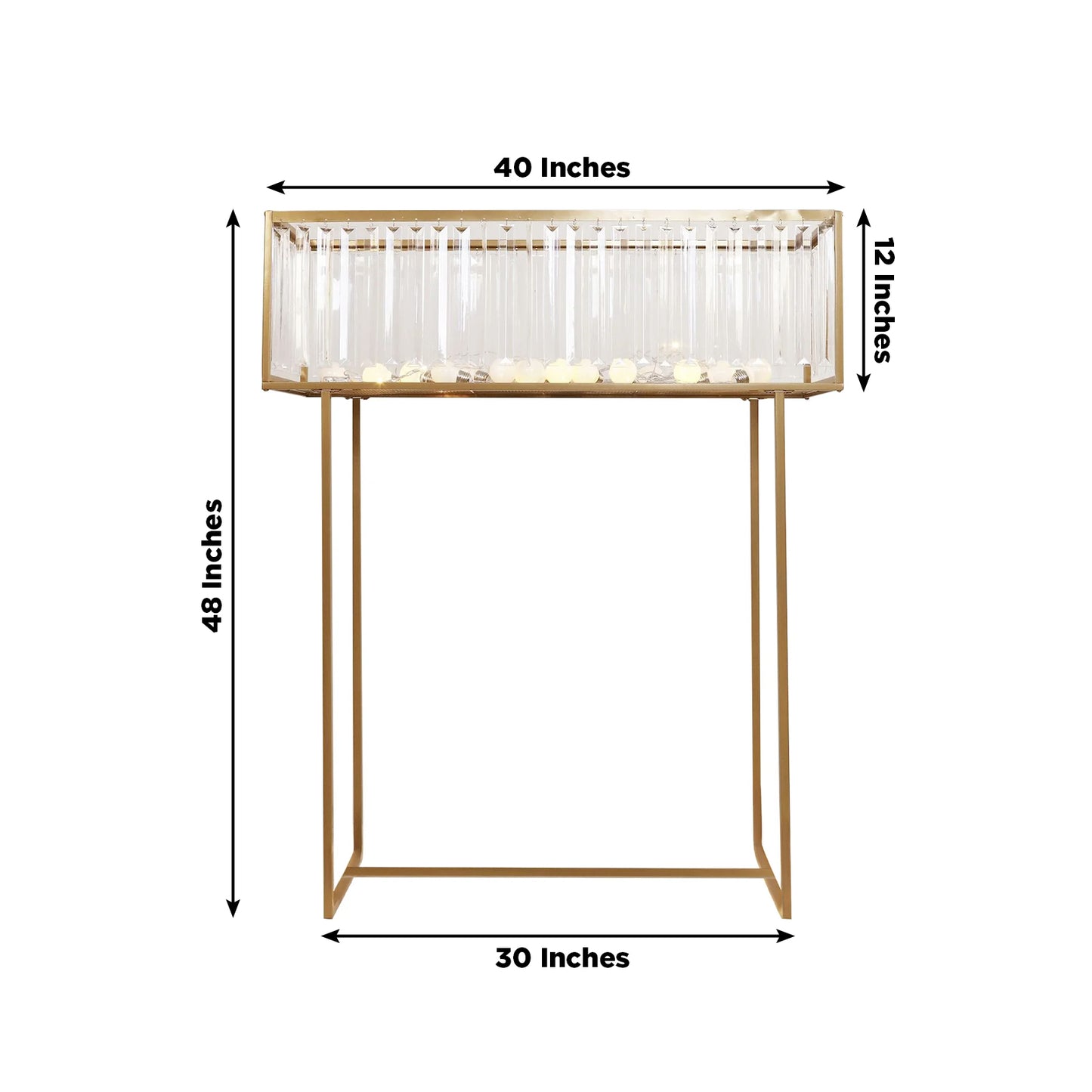 Gold crystal floral display stand, 48" tall rectangular centerpiece vase.