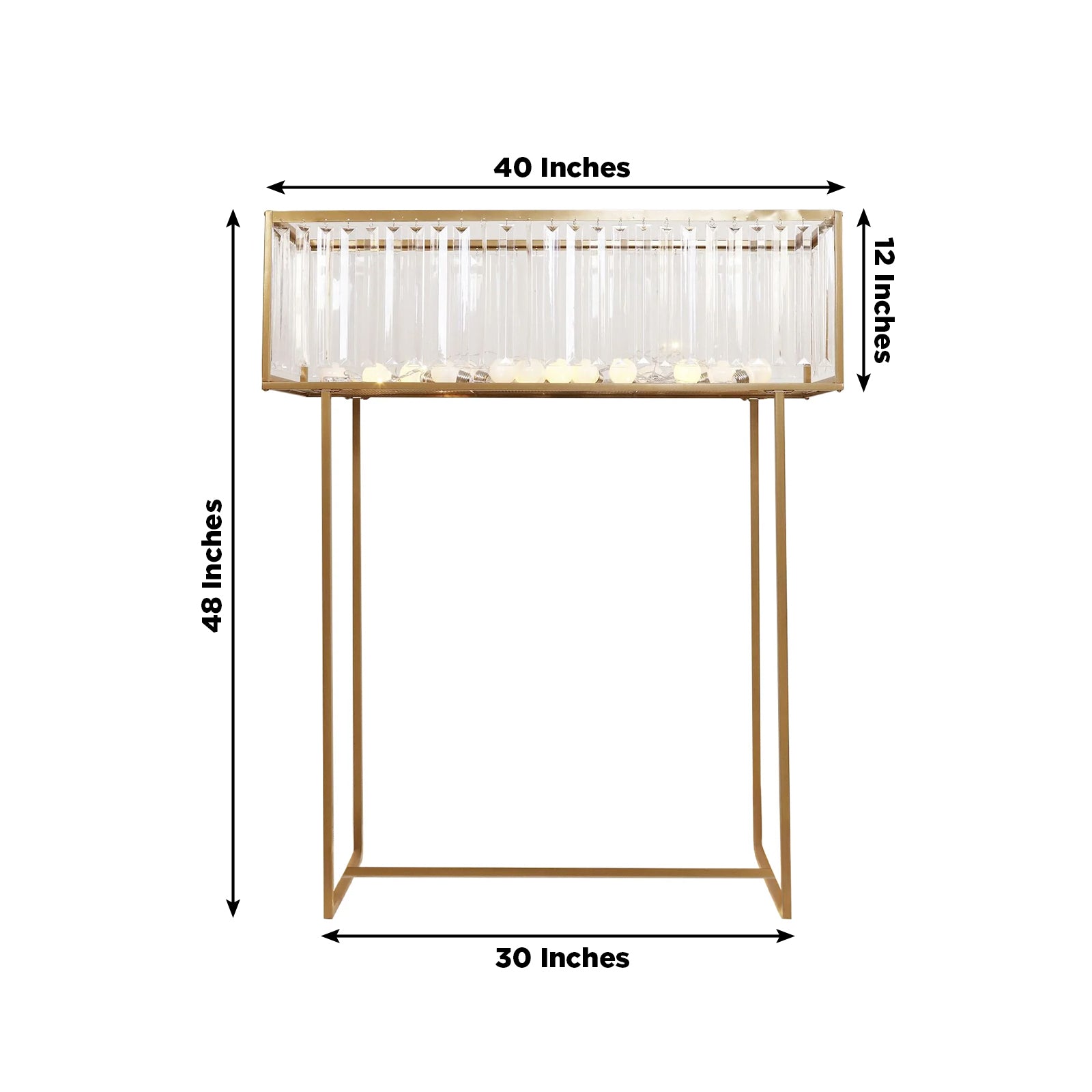 Gold crystal floral display stand, 48" tall rectangular centerpiece vase.