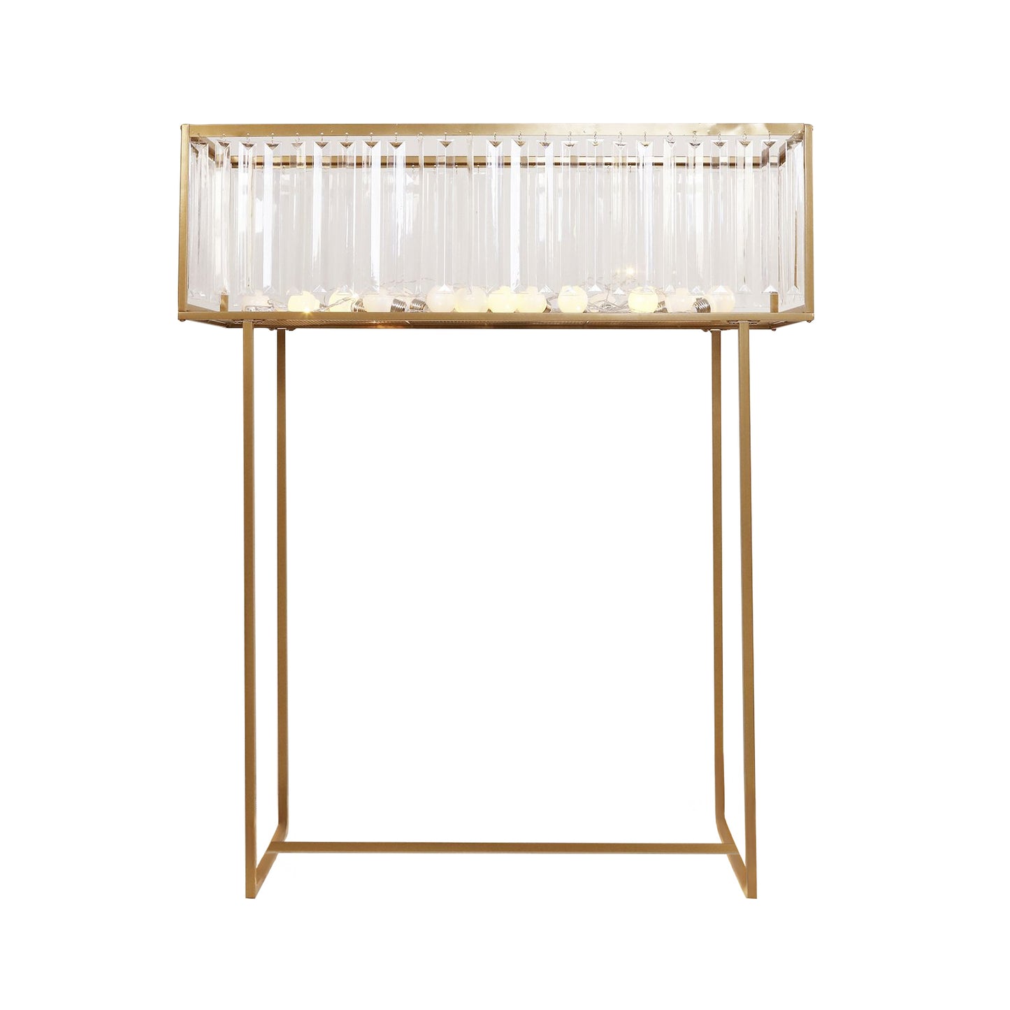 Gold crystal pendant flower stand centerpiece vase, 48" tall rectangular display rack.