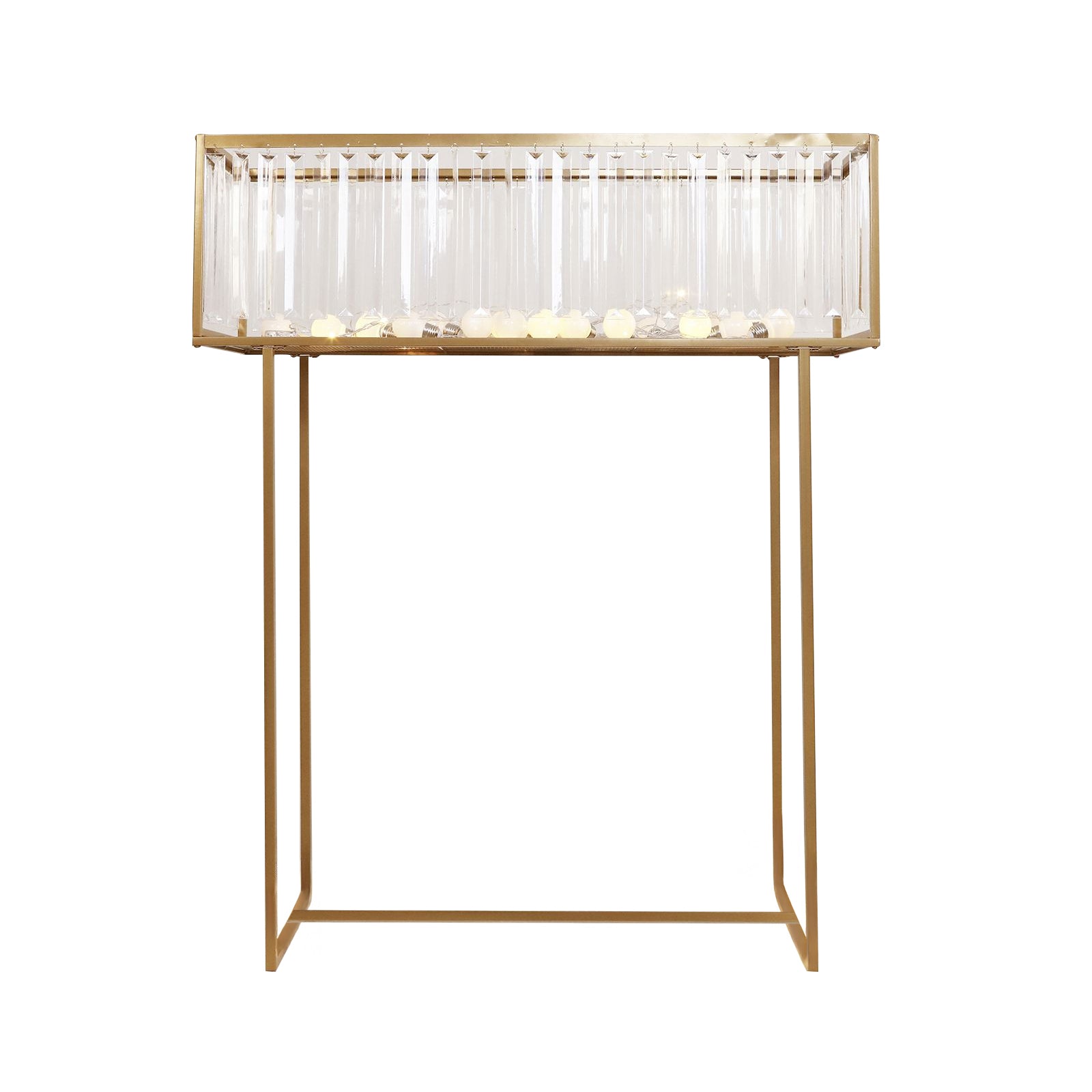 Gold crystal pendant flower stand centerpiece vase, 48" tall rectangular display rack.