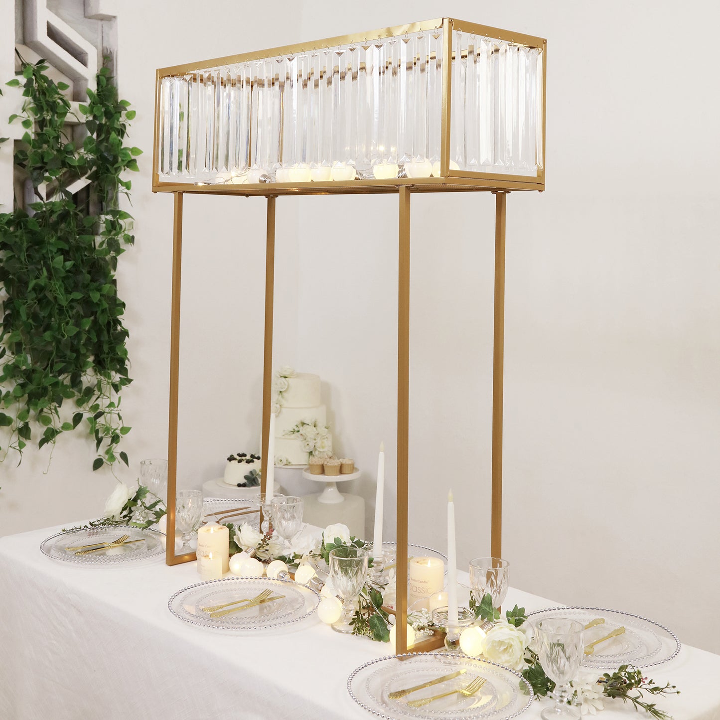 Gold crystal pendant flower stand centerpiece vase, 48" tall, elegant display rack.