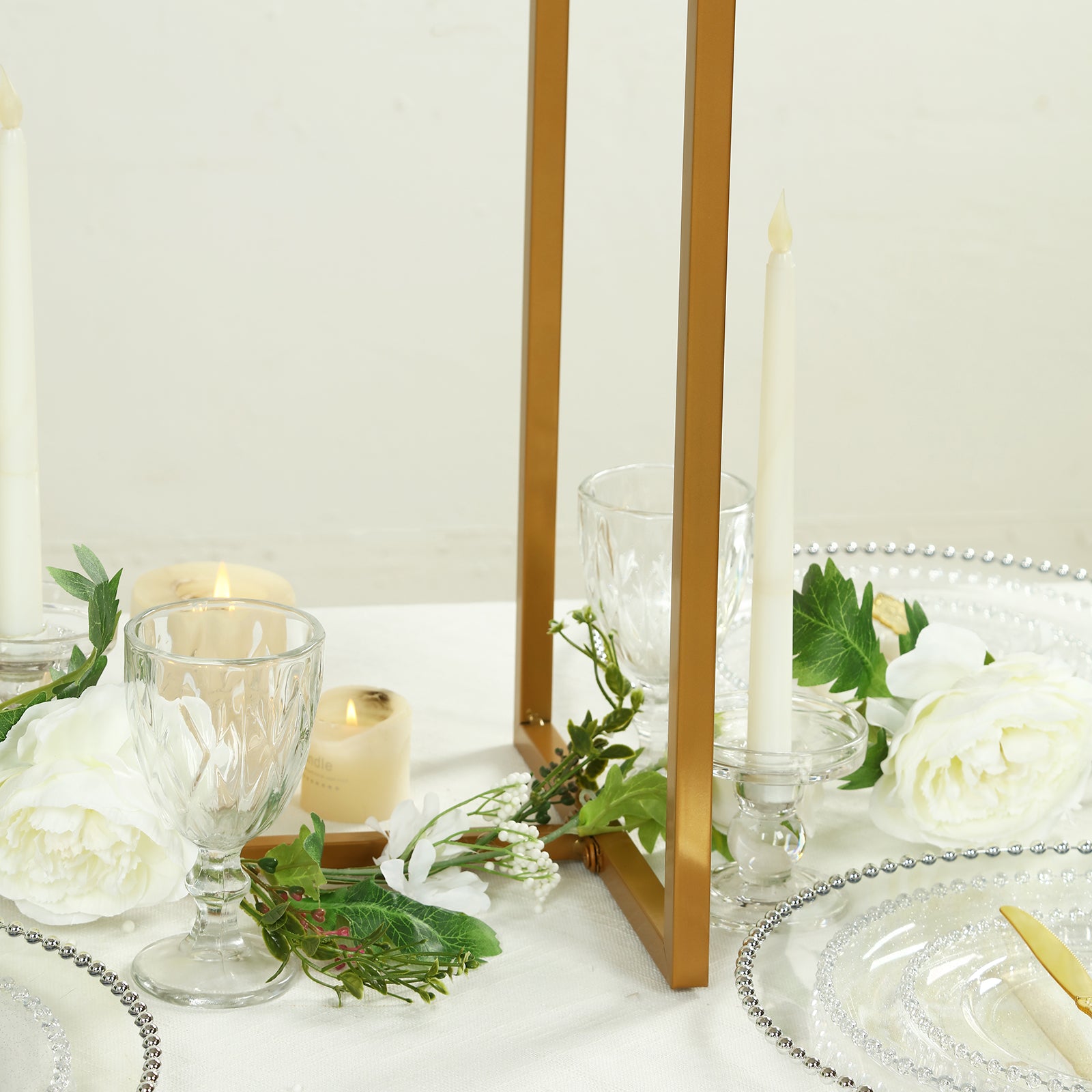 Gold crystal pendant flower stand centerpiece vase, 48" tall rectangular display rack.