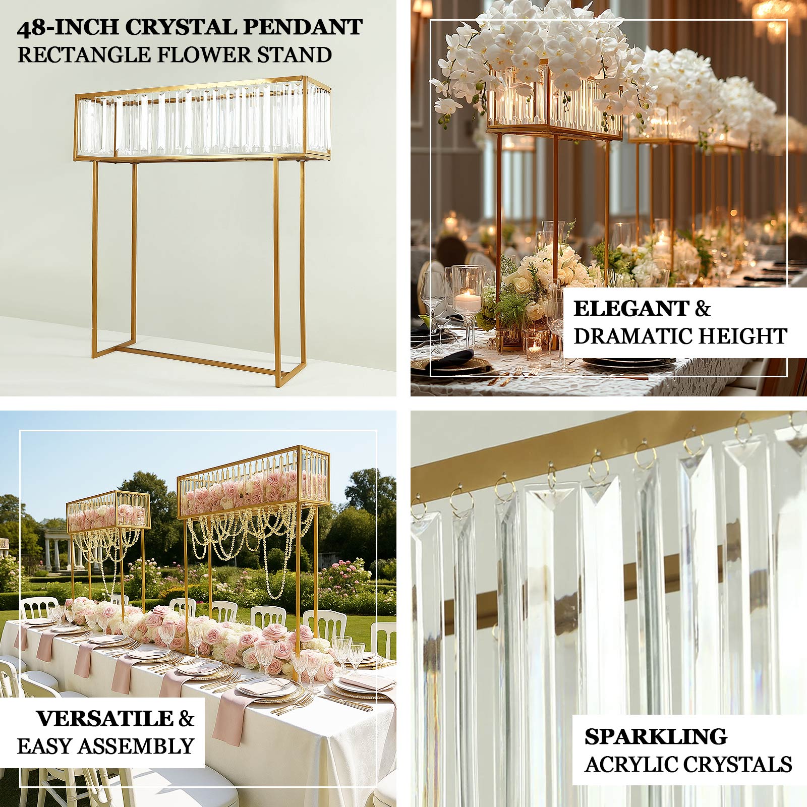 Gold crystal pendant flower stand, 48" tall rectangular display rack.