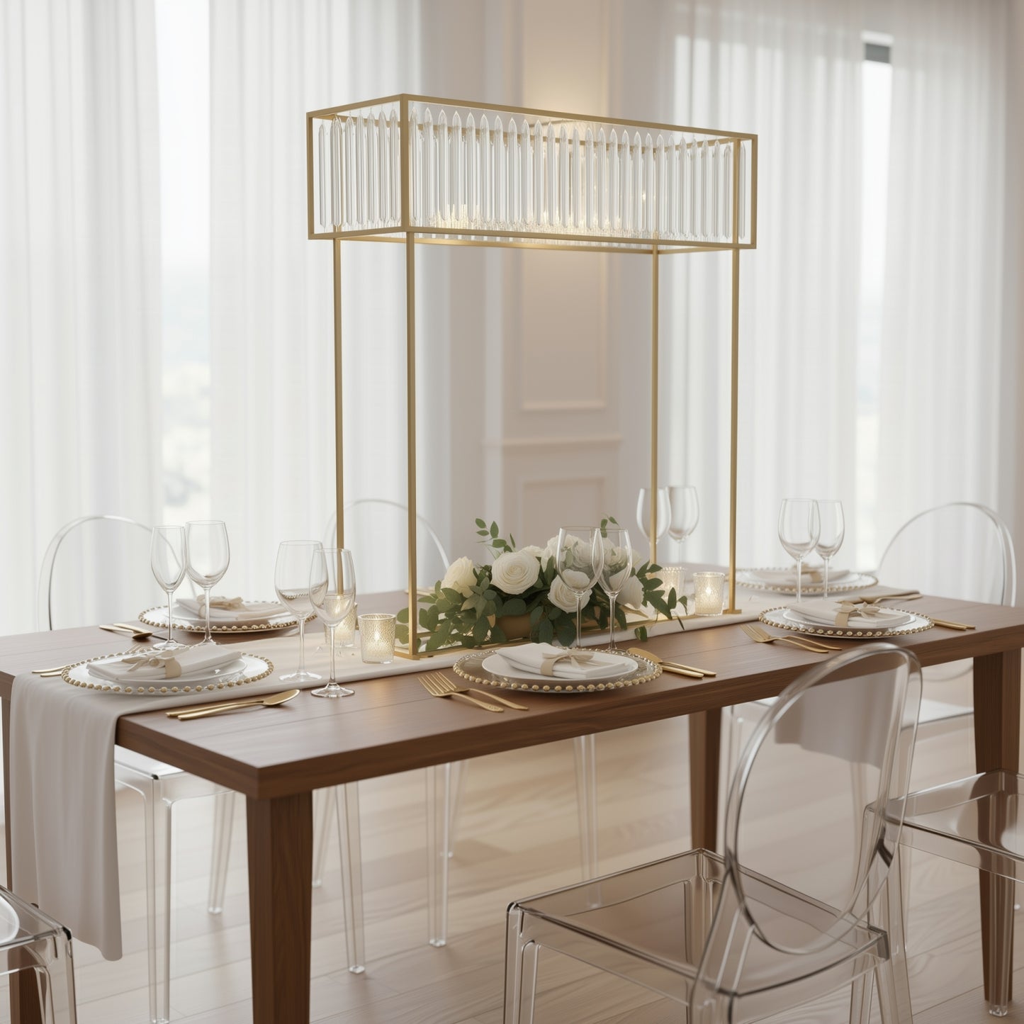 Gold crystal pendant flower stand centerpiece vase, 48" tall rectangular display rack.