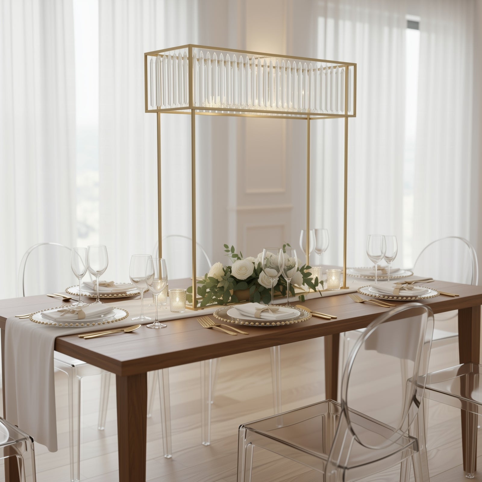 Gold crystal pendant flower stand centerpiece vase, 48" tall rectangular display rack.