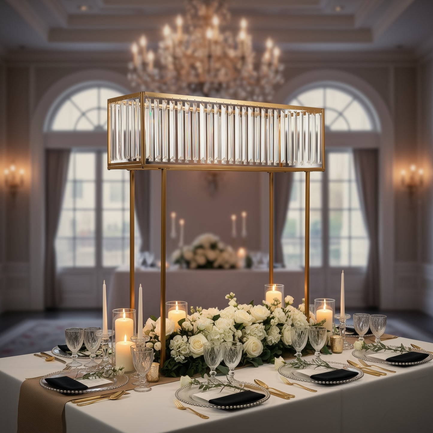 Gold crystal pendant flower stand centerpiece vase on a decorated table.
