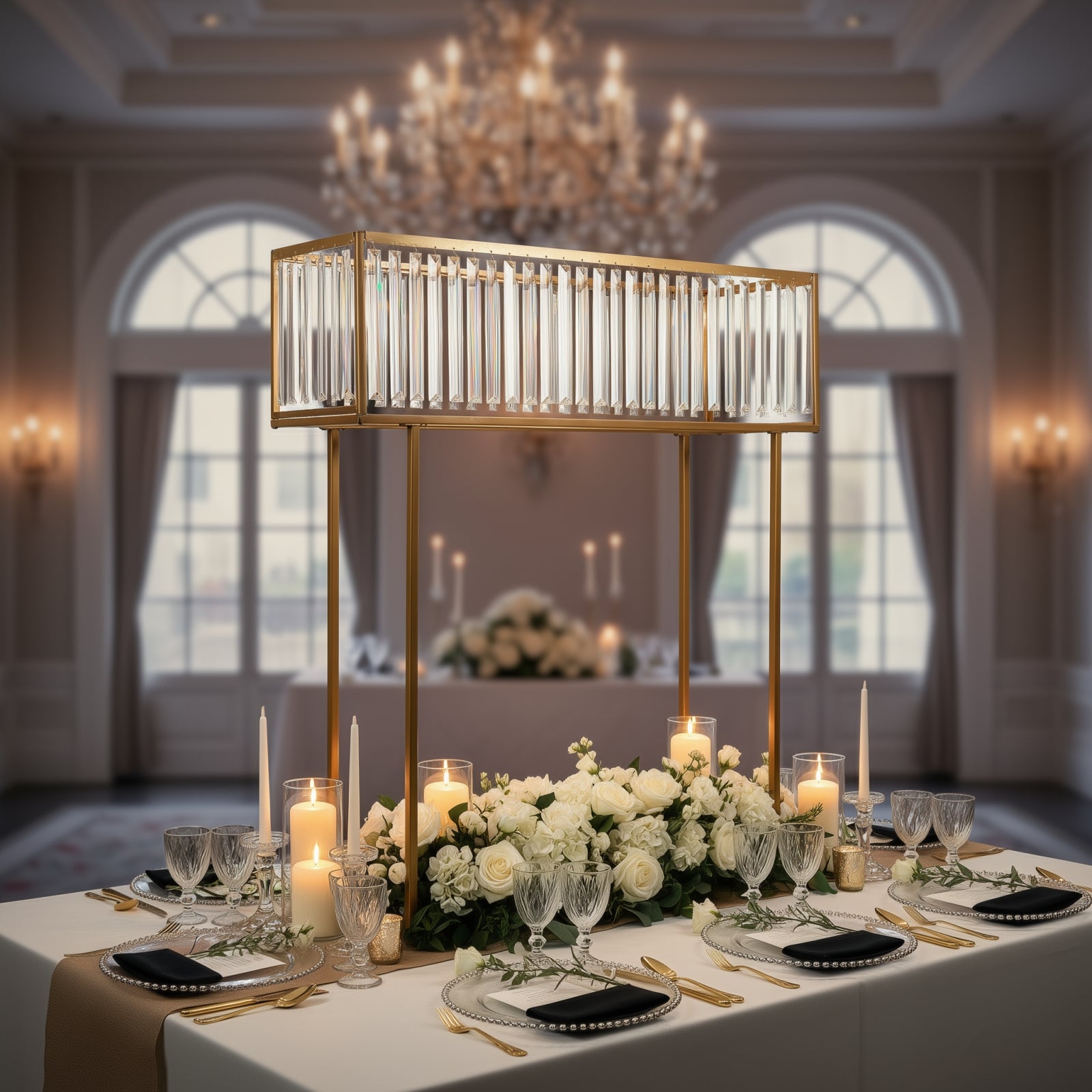 Gold crystal pendant flower stand centerpiece vase on a decorated table.