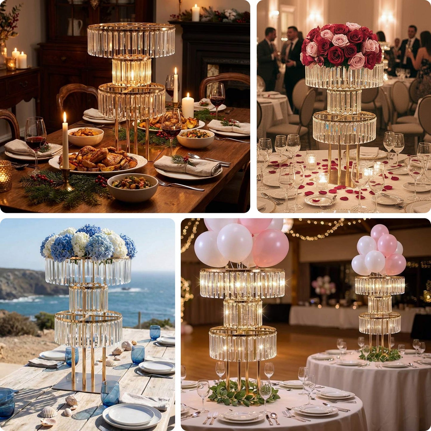Gold crystal pendant table centerpiece with hanging crystals in a 3-tier design.
