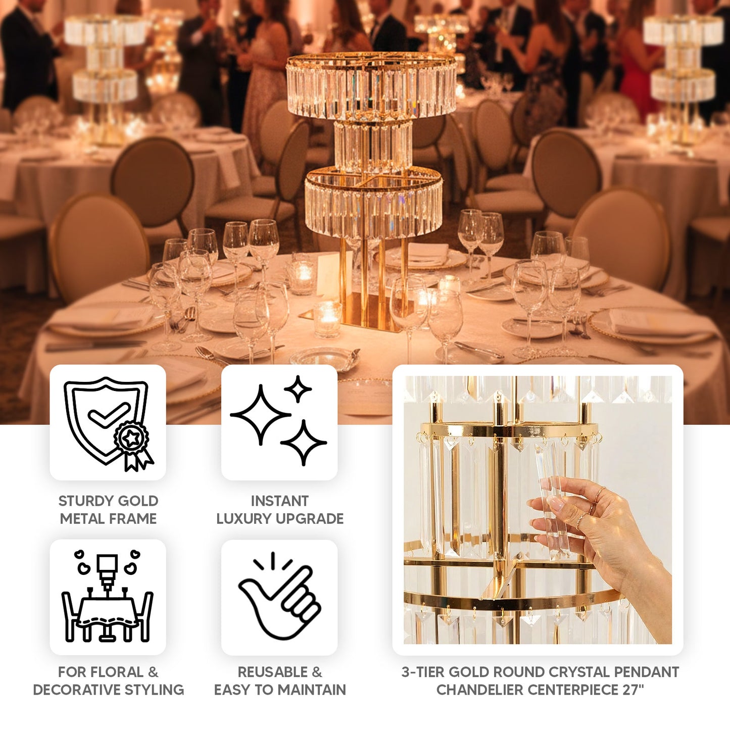 27" Gold Crystal Pendant Table Centerpiece with Hanging Crystals