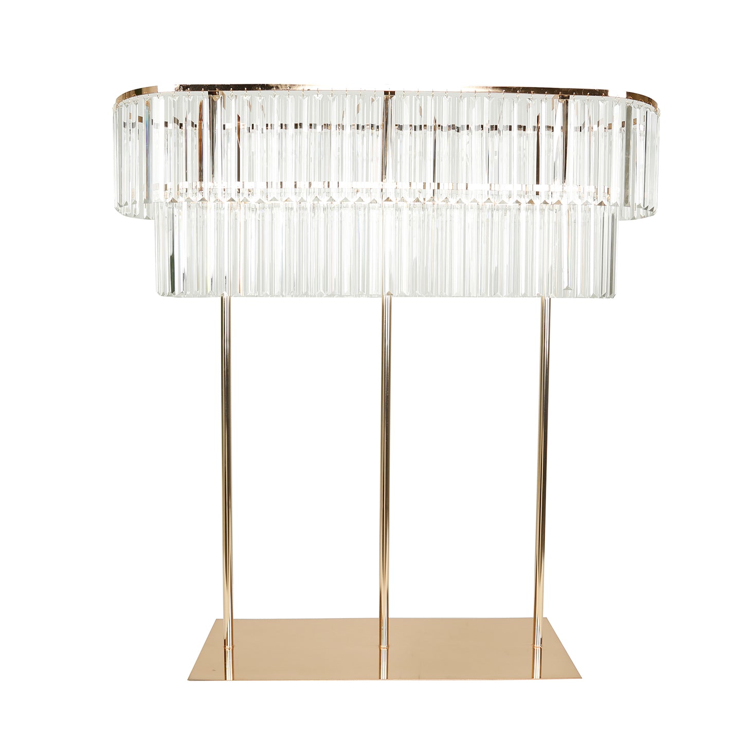 Gold metal crystal pendant flower stand centerpiece.