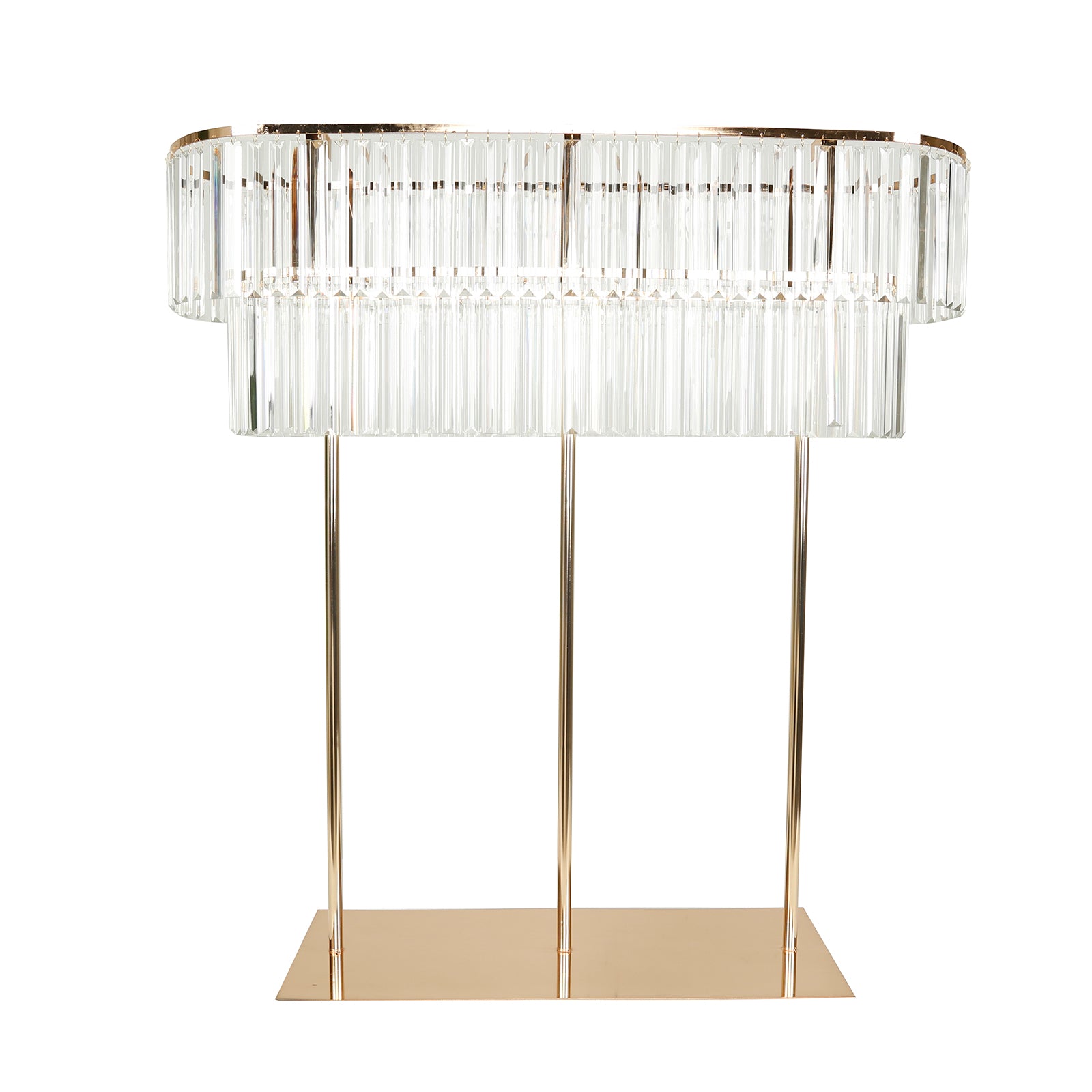 Gold metal crystal pendant flower stand centerpiece.