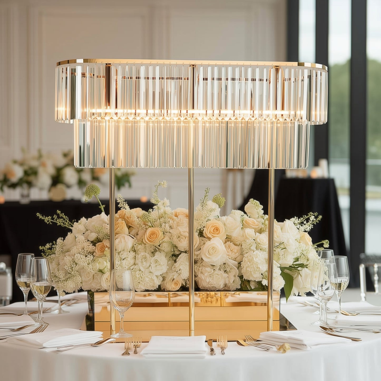 Gold crystal pendant flower stand centerpiece with elegant drop accents.