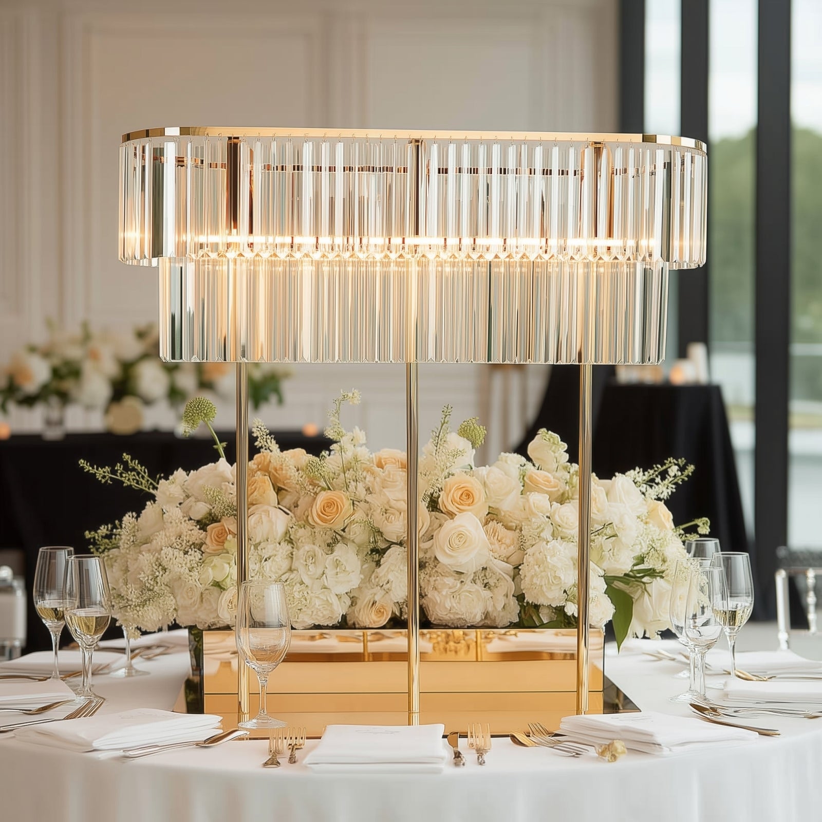 Gold crystal pendant flower stand centerpiece with elegant drop accents.