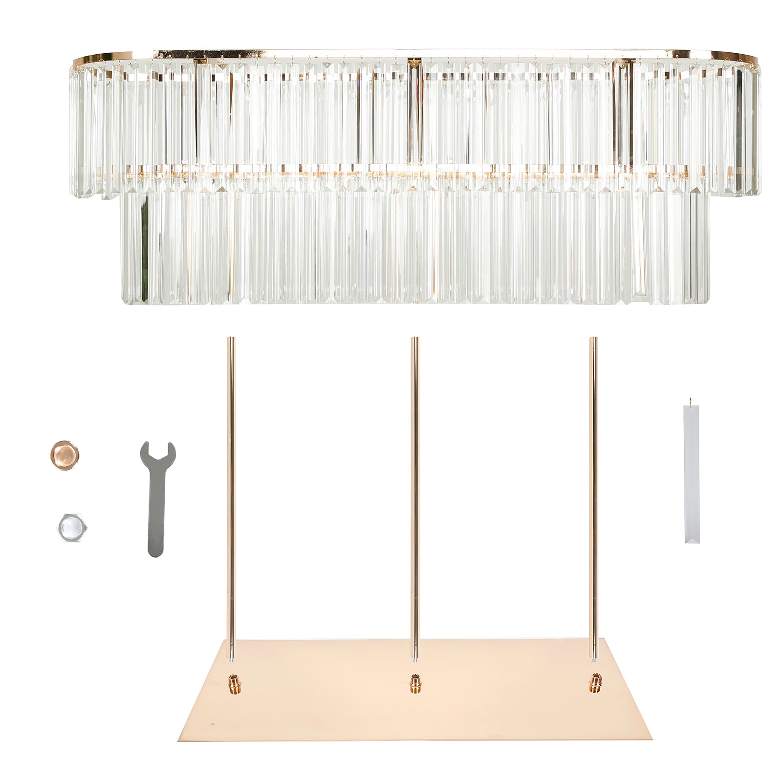 Gold crystal pendant 2-tier flower stand table centerpiece with drop accents.
