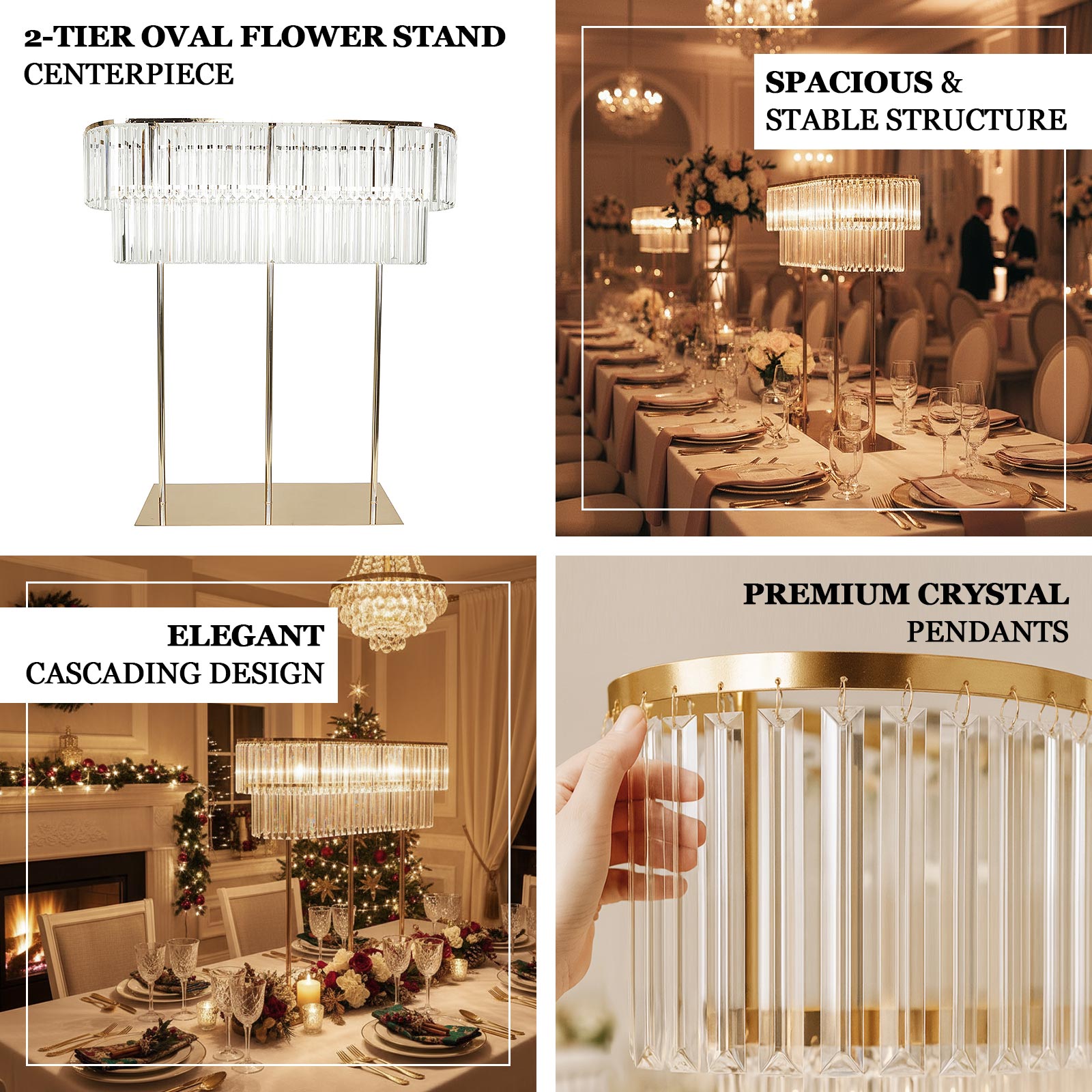 Gold metal 2-tier flower stand with crystal accents, perfect for elegant table centerpieces.