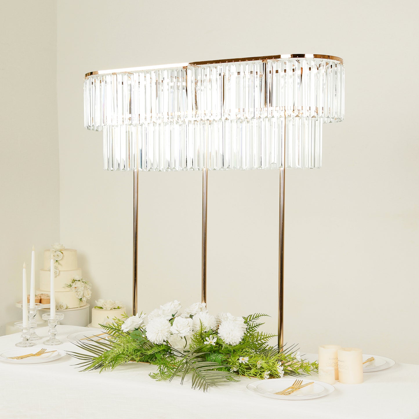 Gold crystal pendant 2-tier flower stand centerpiece with drop accents.
