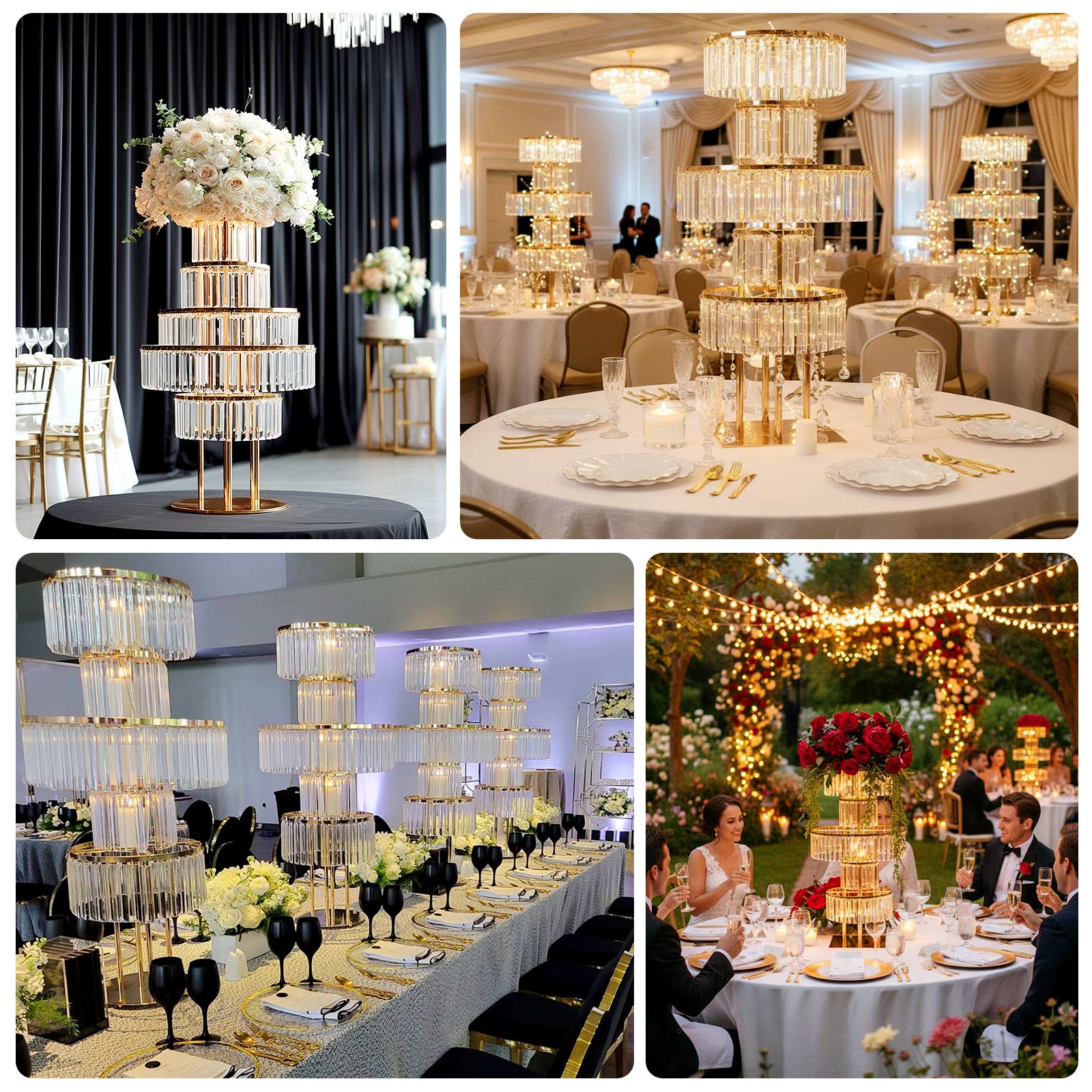Gold crystal chandelier centerpiece with hanging crystals for elegant table decor.