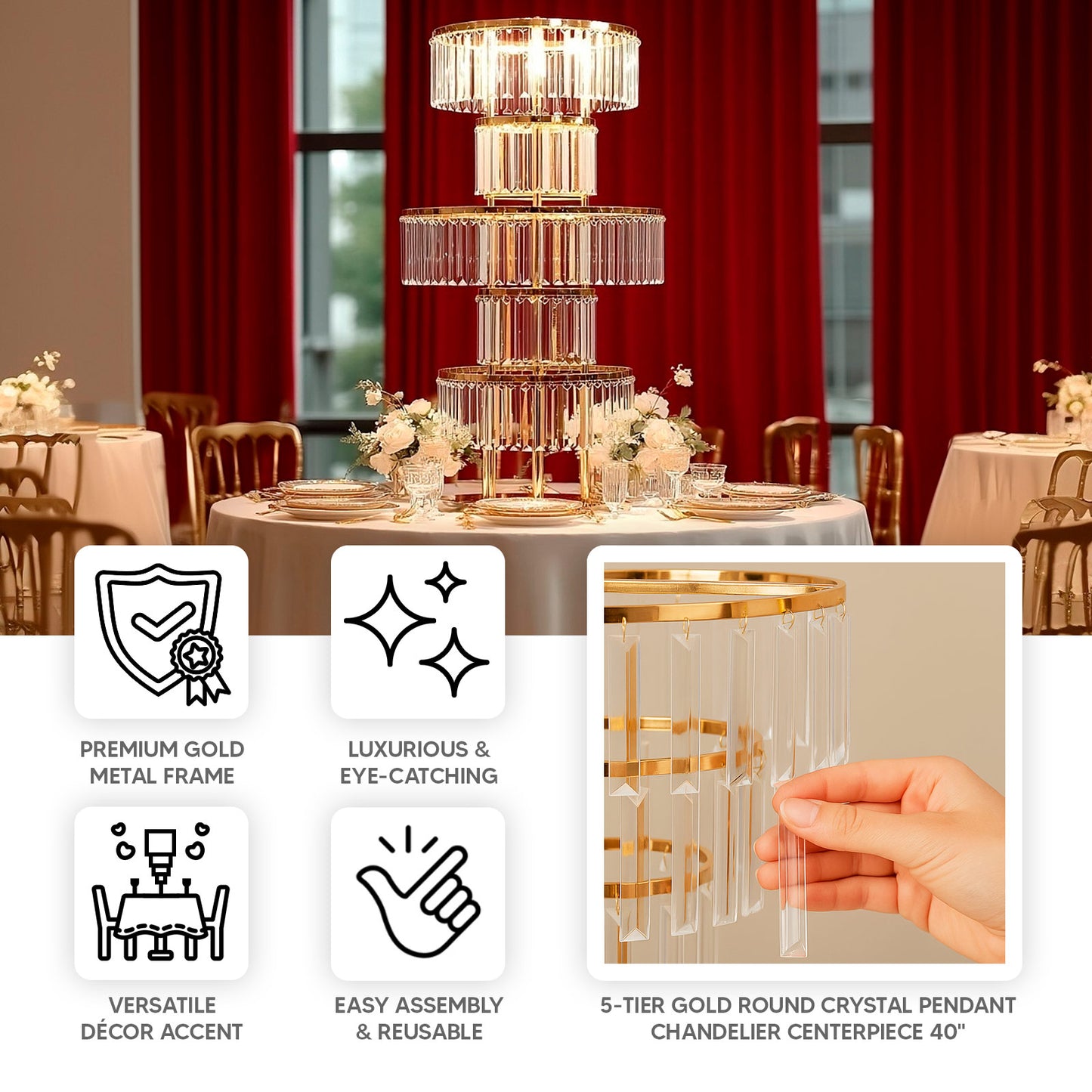 40" Crystal Pendant Table Centerpiece in 5-Tier Gold, Round Flower Stand Metal Vase Chandelier with Hanging Crystals